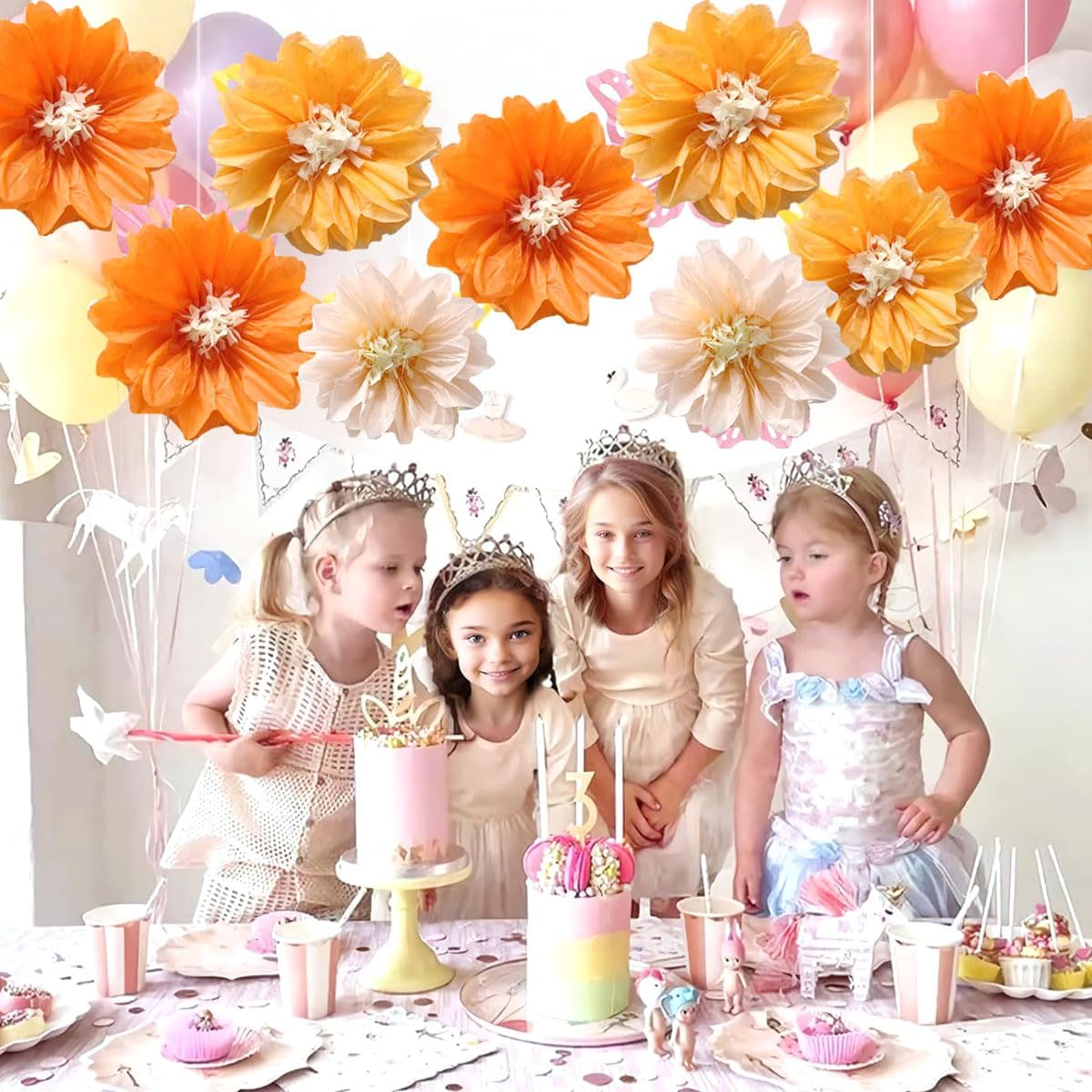 12pcs 10in 12in Paper Flowers Tissue Flowers Pom Paper Pom Poms Hanging Flowers Wall Backdrop Wedding Party Flower Decorations DIY Art Craft Blooms for Birthday Baby Shower Nursery Decor Orange