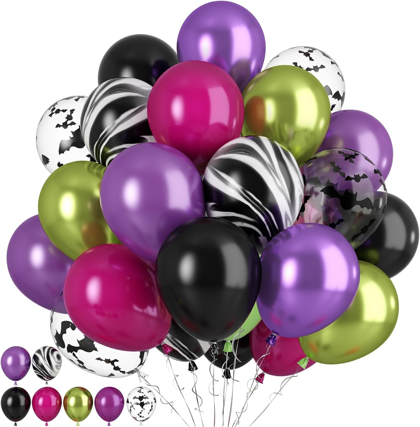 Paready Black Purple Pink Halloween Balloons, 60 Pcs Hot Pink Black Green Party Balloons, Metallic Green Purple Balloon Bat Printed Agate Balloon for Halloween Birthday Home Garden Party Decoration