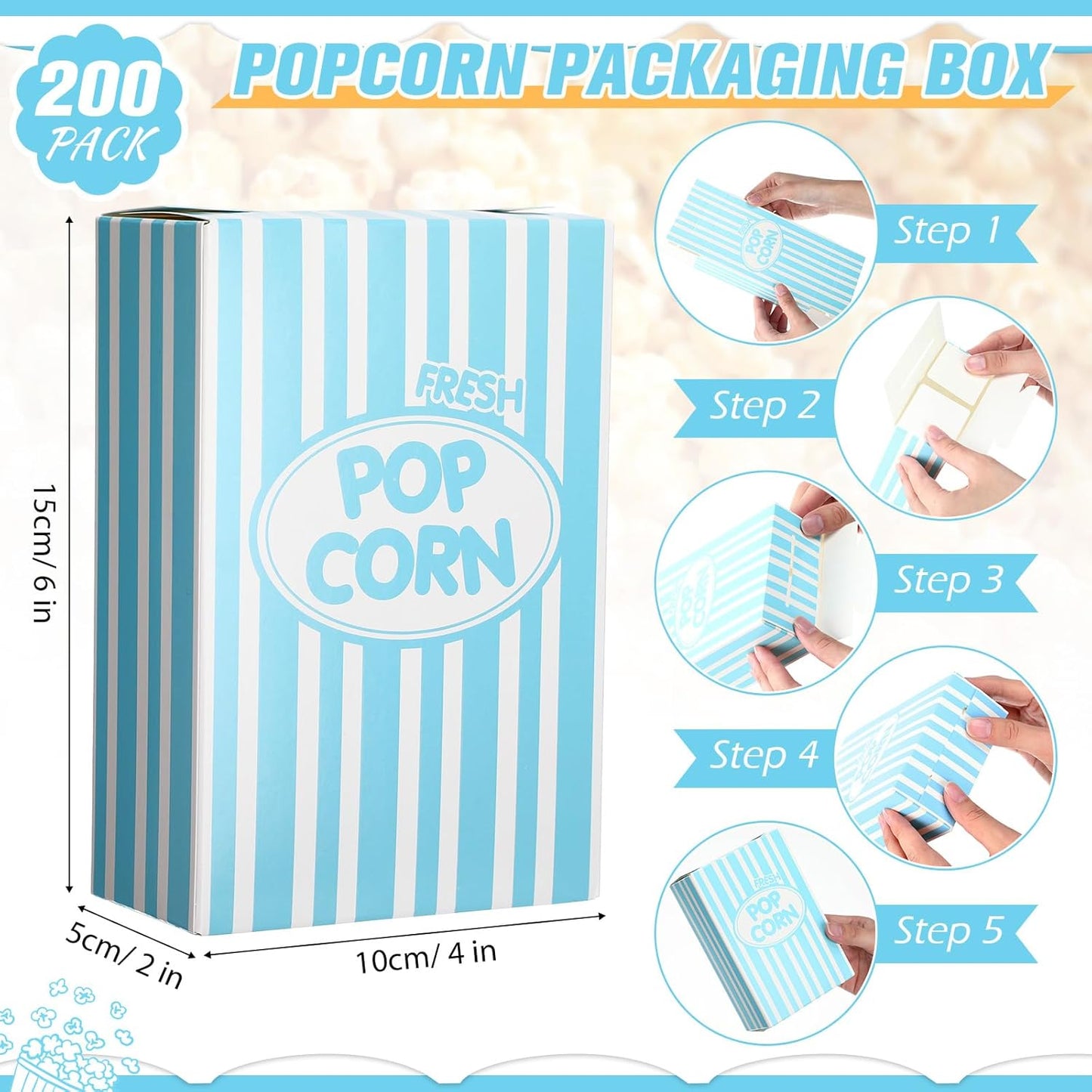 Xinnun 200 Pcs Paper Popcorn Boxes 1 oz Close Top Oil Proof Disposable Popcorn Container 6 x 4 x 2 Inch Stripes Leak Proof Popcorn Boxes for Party Movie Party Theater Night Birthday (Blue)