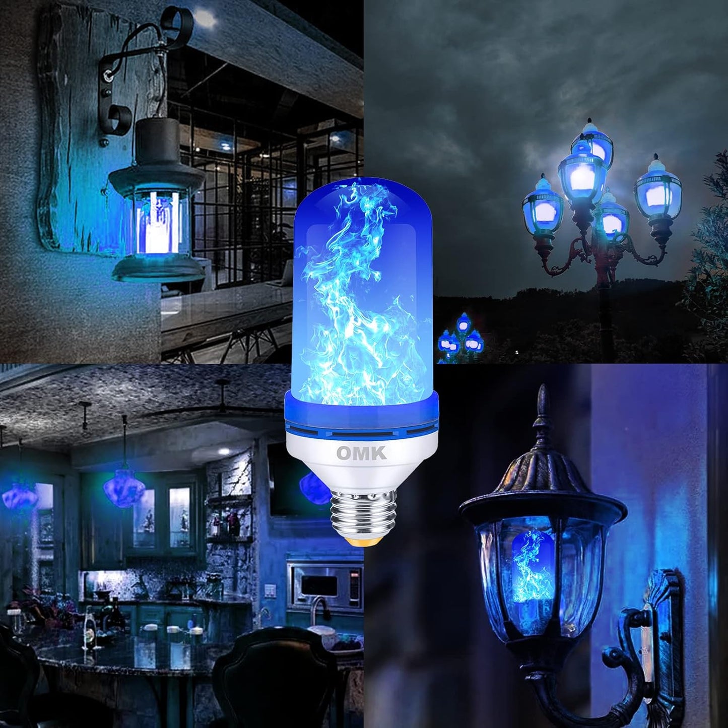 OMK - Blue Flame Christmas Decor LED Flame Effect Light Bulbs - Upgraded 4 Modes Fire Simulated Lamps - Christmas Gifts, Party, Indoor/Outdoor Decoration Lights (Blue 2)