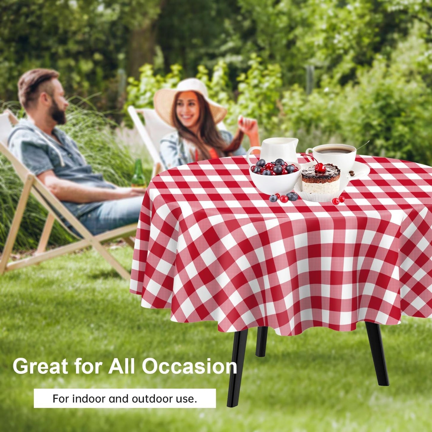 QIKSION Red Gingham Round Tablecloth 3 Pack, 84 Inch Plastic Checkered Table Cover Disposable for Parties