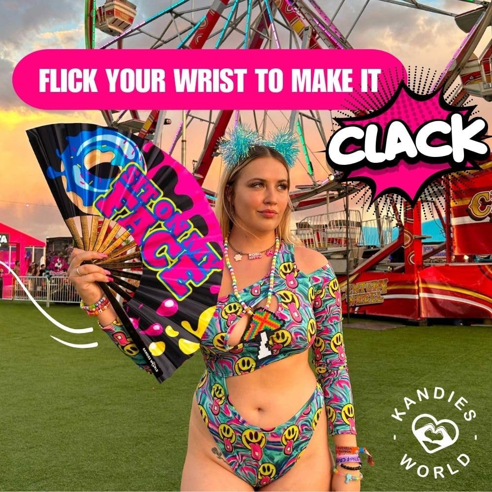 Kandies World Custom Festival Folding Hand Fan - Unique Designs, Made of Bamboo, Clacking Sound, Lightweight - Perfect Rave and Festival Accessory!