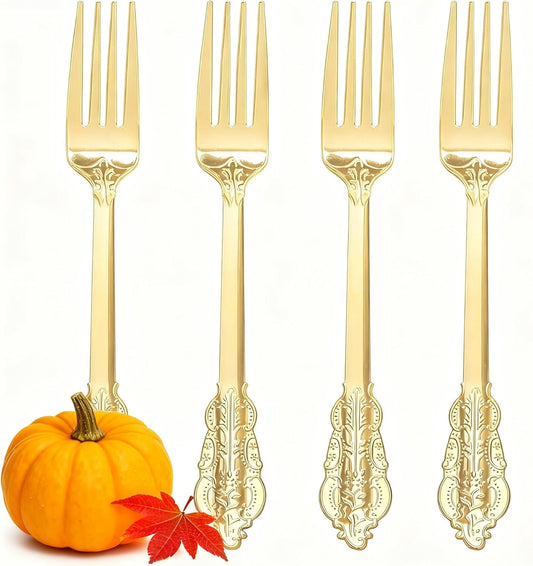 WDF 100 Piece Gold Forks Disposable - 7.48 Inch Gold Plastic Forks - Baroque Plastic Silverware for Dessert Cake - Heavy Duty Thanksgiving for Party, Wedding or Daily Using