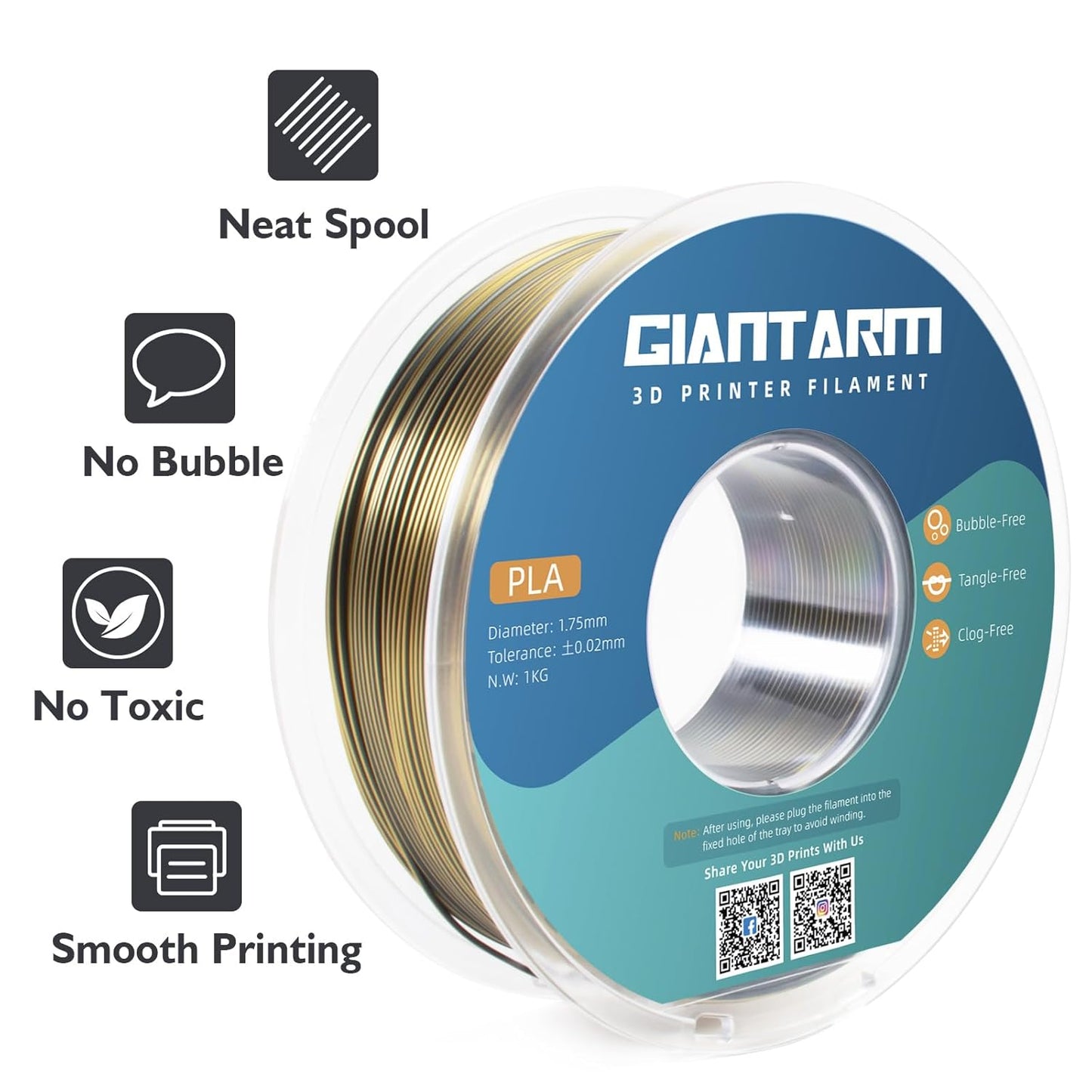 GIANTARM Dual Color PLA Filament, Silk PLA Filament 1.75mm +/-0.02mm,1KG Spool(2.2lbs) Vacuum Packaging, 3D Printing Filaments Fit Most FDM Printer