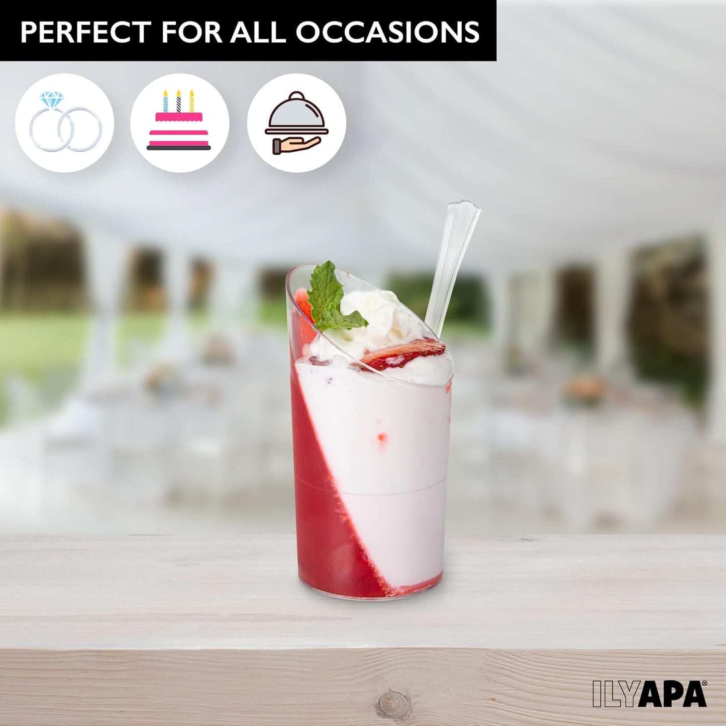 Ilyapa 3oz Plastic Dessert Cups - 100 Pack Mini Dessert Cups with Spoons - Clear Reusable Small for Cheesecake Shooters, Chocolate Mousse, Parfait - Party and Catering Supplies - Slanted