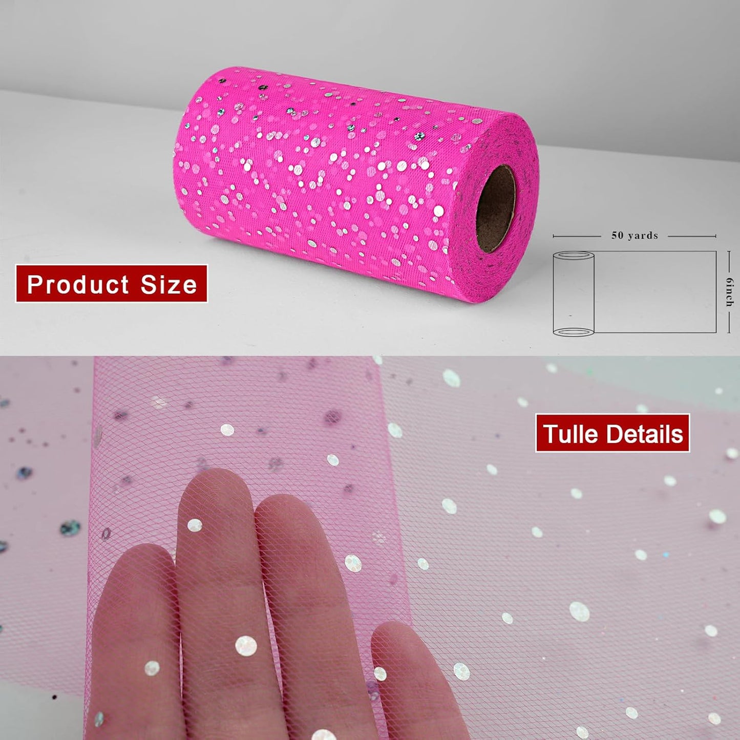 Glitter Tulle Rolls, 6' by 50 Yards (150FT) Sequin Tulle Netting Fabric for Tutu Skirts Sewing Birthday Wedding Party Decoration (Dark Pink)