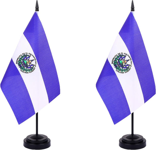 El Salvador Desk Flag 12" Solid Pole Deluxe Set Salvador Flags Banner Mini Small El Salvador Office Table Flags with Black Stand Base Desktop Decorations(2Pack)