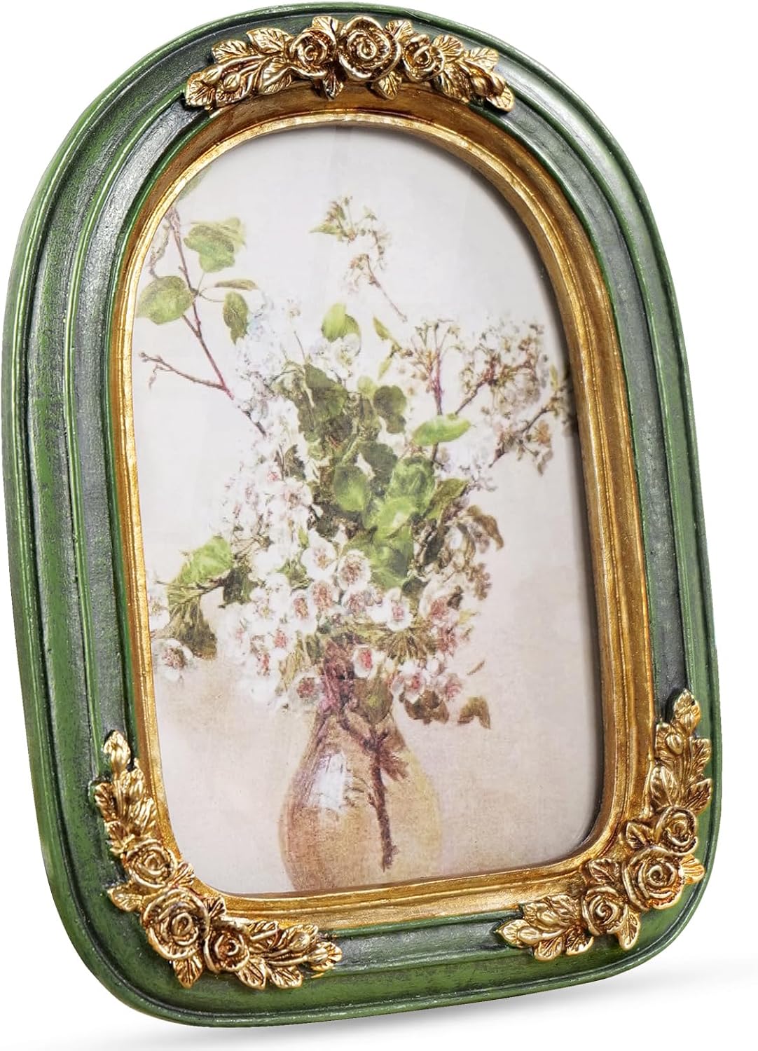 Cuspin Vintage 4x6 Picture Frame, Green and Gold Arch Frames, Ornate Floral Resin Photo Frame with Glass Front for Tabletop or Wall Display, Antique Decorative Frame for Home Decor or Gift