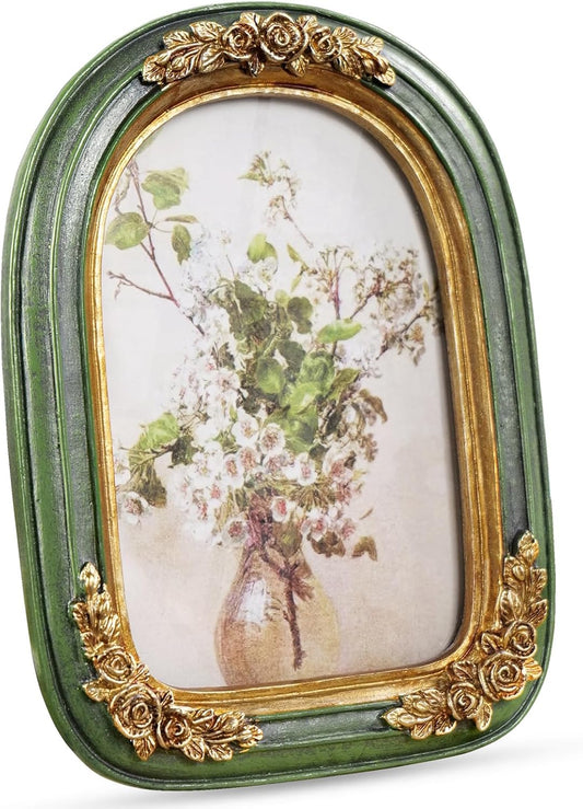Cuspin Vintage 4x6 Picture Frame, Green and Gold Arch Frames, Ornate Floral Resin Photo Frame with Glass Front for Tabletop or Wall Display, Antique Decorative Frame for Home Decor or Gift