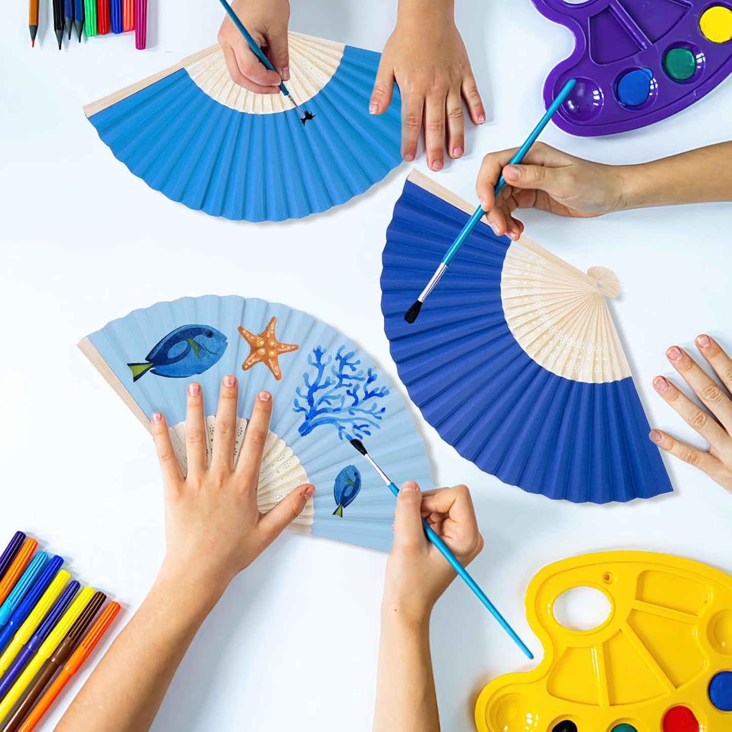 JOHOUSE 12Pcs Blue Paper Folding Hand Fans, 8.3 Inch Handheld Portable Decorative Fans for Wedding, Outdoor Party Favors, Baby Shower Decorations DIY Crafts Photography Prop