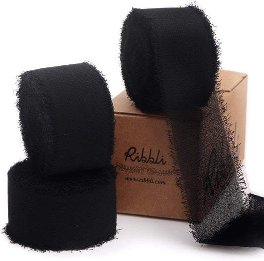Ribbli Black Ribbon 1 Inch x 3 Rolls Total 24 Yards Handmade Fringe Chiffon Silk Ribbon for Wrapping Wedding Invitations Bridal Bouquets DIY Crafts Home Decor