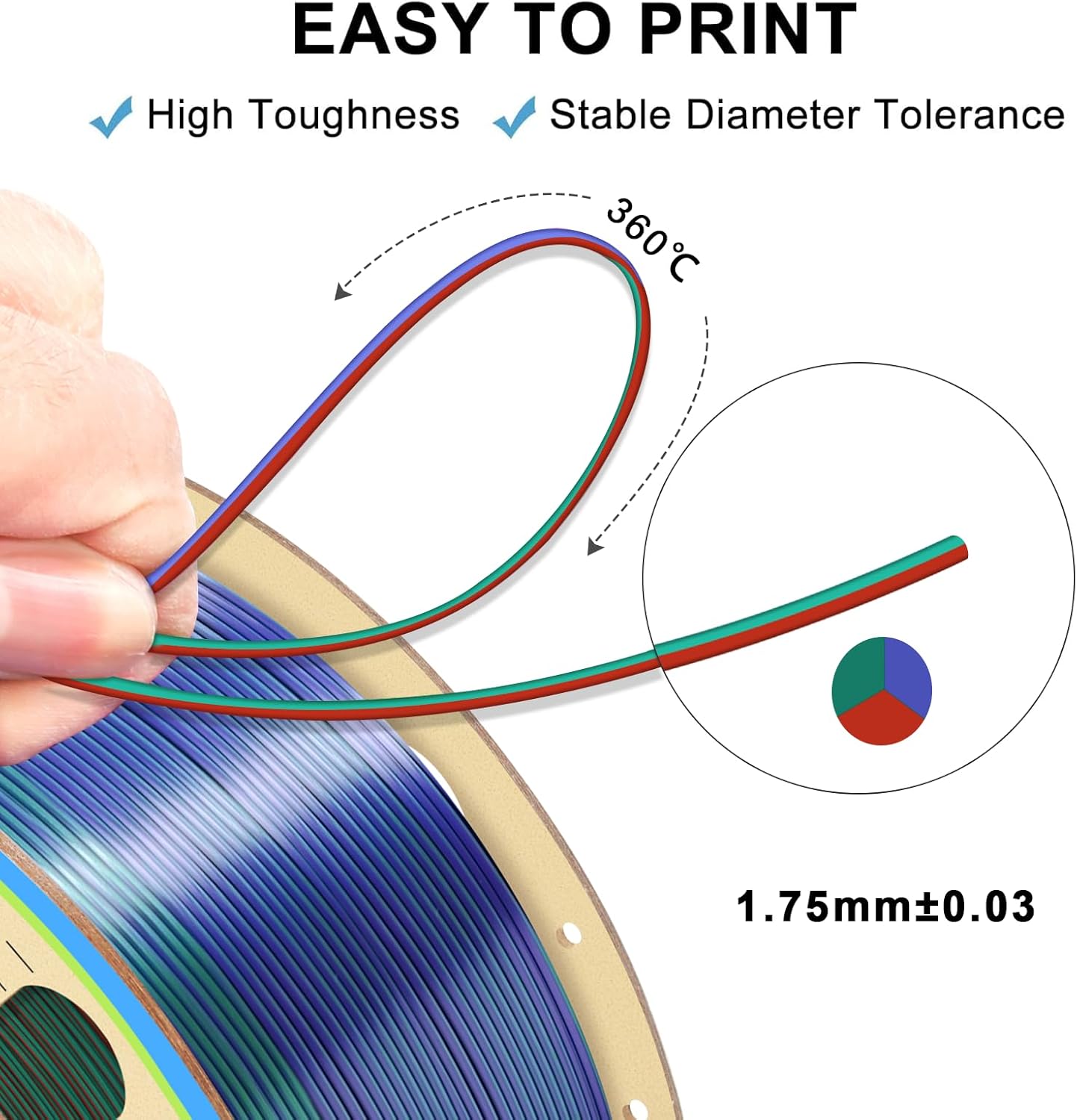 YOUSU 3D Printer Filament 1.75mm,Tri-Colors PLA Filament,Shiny Silk Coextruded PLA, Silk Green Purple Copper Filament, 1kg/2.2lbs