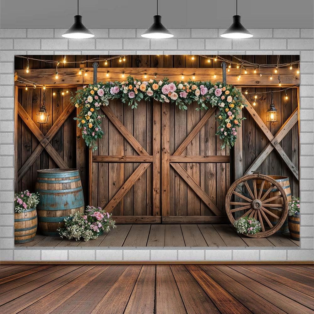 7x5ft Country Wedding Photography Backdrop Rustic Barn Door Photography Backdrop Farmhouse Pink Flower Cabin Wooden Birthday Baby Shower Wedding Bridal Party Banner Photo Booth Props Background
