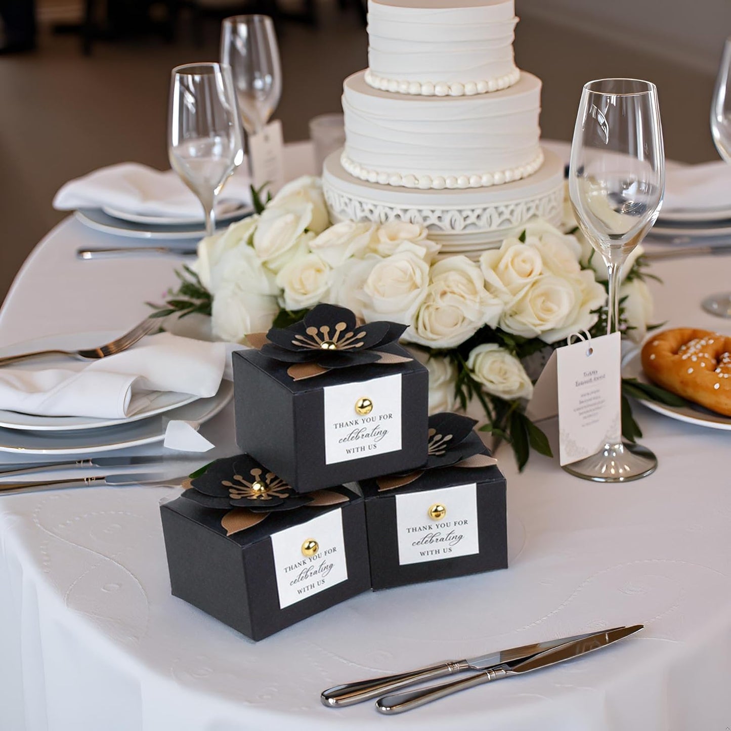 FEIYI 20 PCS Candy Boxes, 3 In 1 Black Favor Boxes with Floral Decor, White Thank You Tags Gift wrapping for Wedding Birthday Baby Shower Decorations Party -2.55x2.55x1.77''