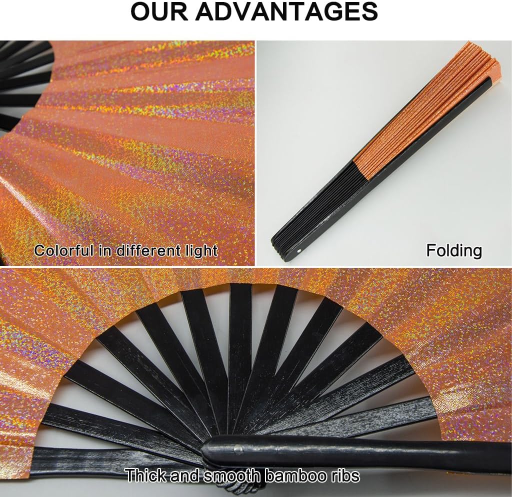 Large Rave Fan, Clack Folding Hand Fan with Premium Fabric, Thick Bamboo Frame for Men Women Gift for EDM, Festival, Club, Party, Dance, Decoration (Lridescent Orange, 13")
