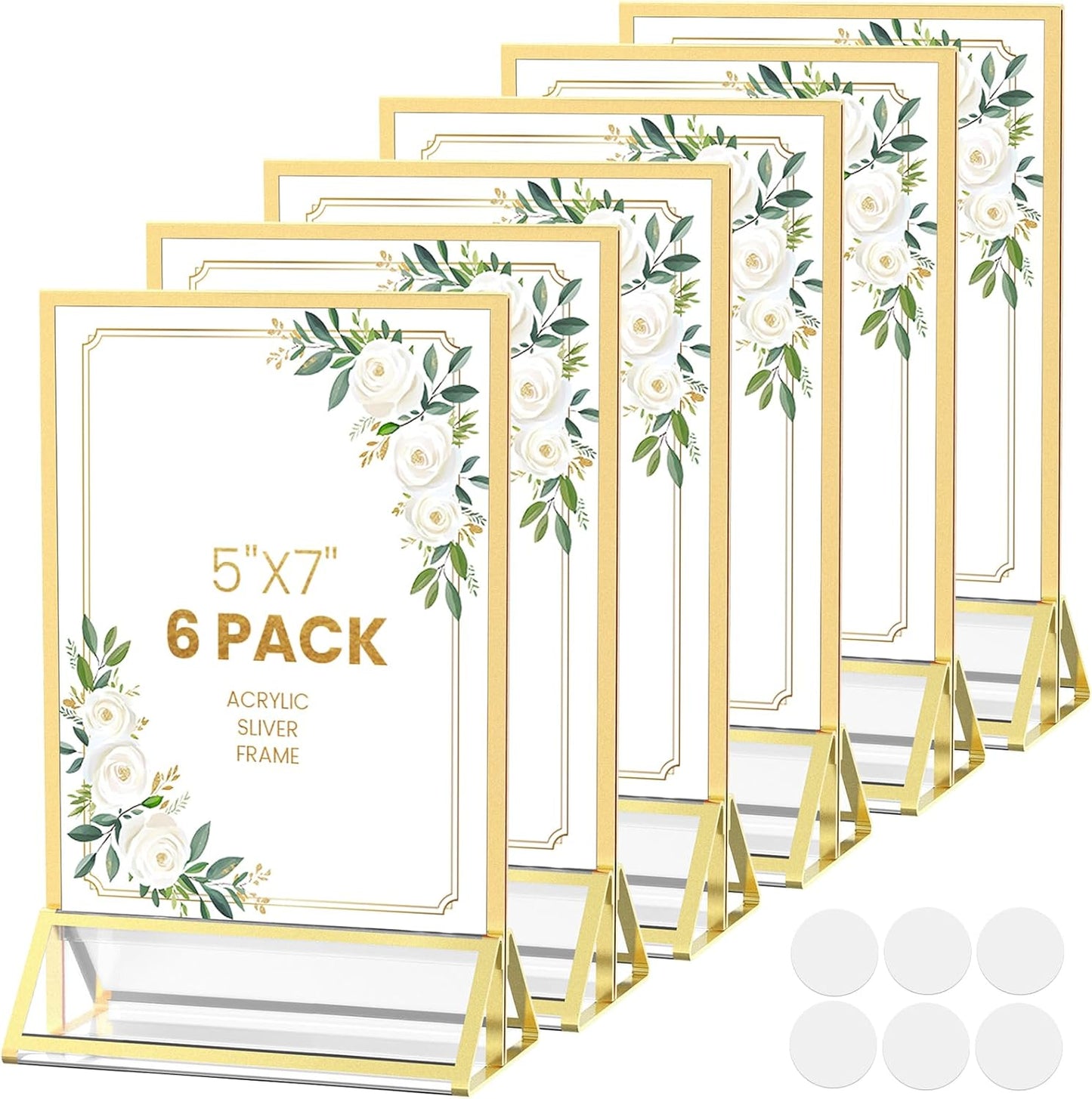 Acrylic Sign Holder 5X7 Gold Picture Frame Double-Sided Acrylic Frames for Wedding Table Numbers Photo Frames Flyers Menu with Removable Sticky Dots-6 Pack