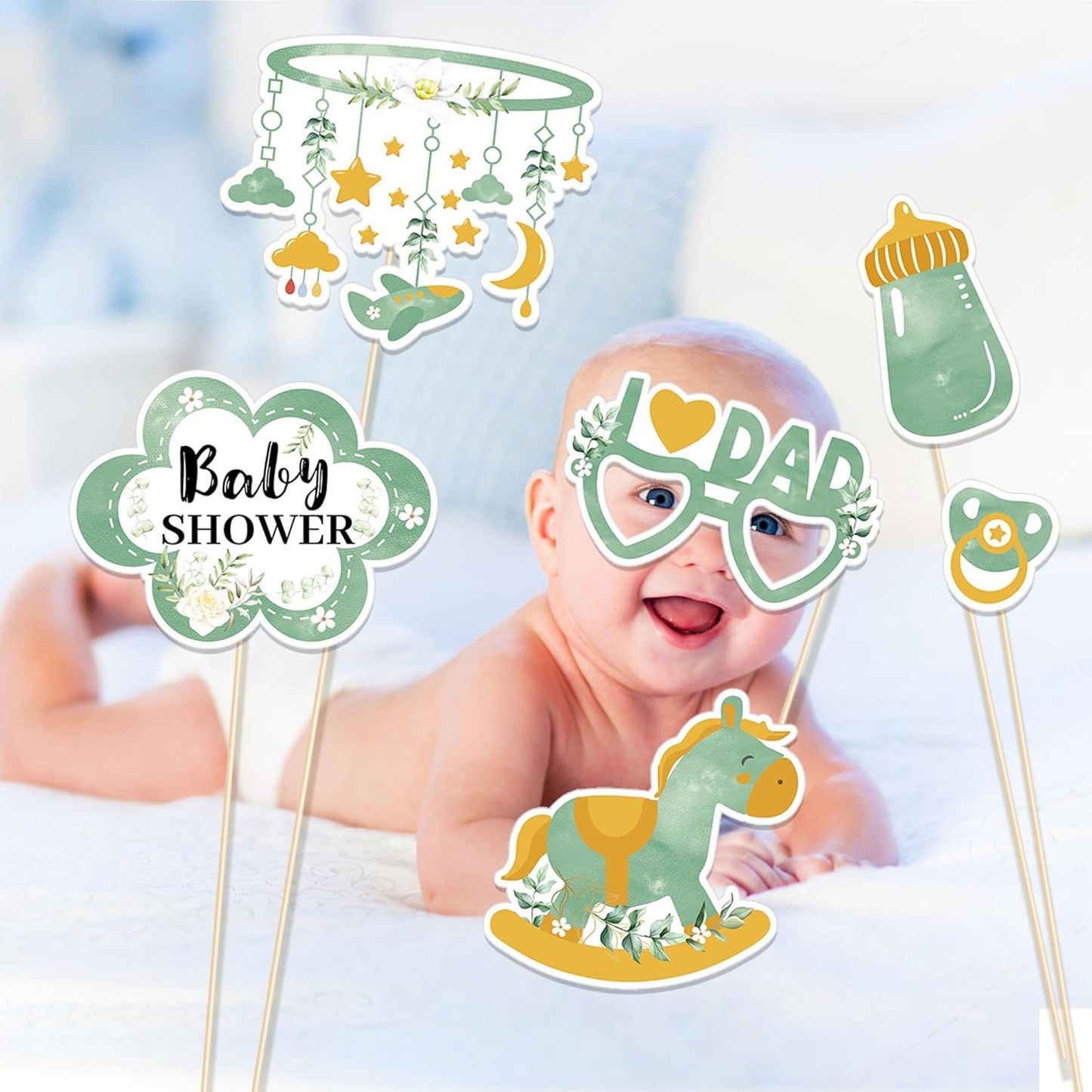 Sage Green Baby Shower Party Photo Booth Props 25PCS Greenery Baby Shower Props for Newborn Party Decoration Boho Photo Booth Props Kit Party Favors Pose Sign Kit Fun for Party