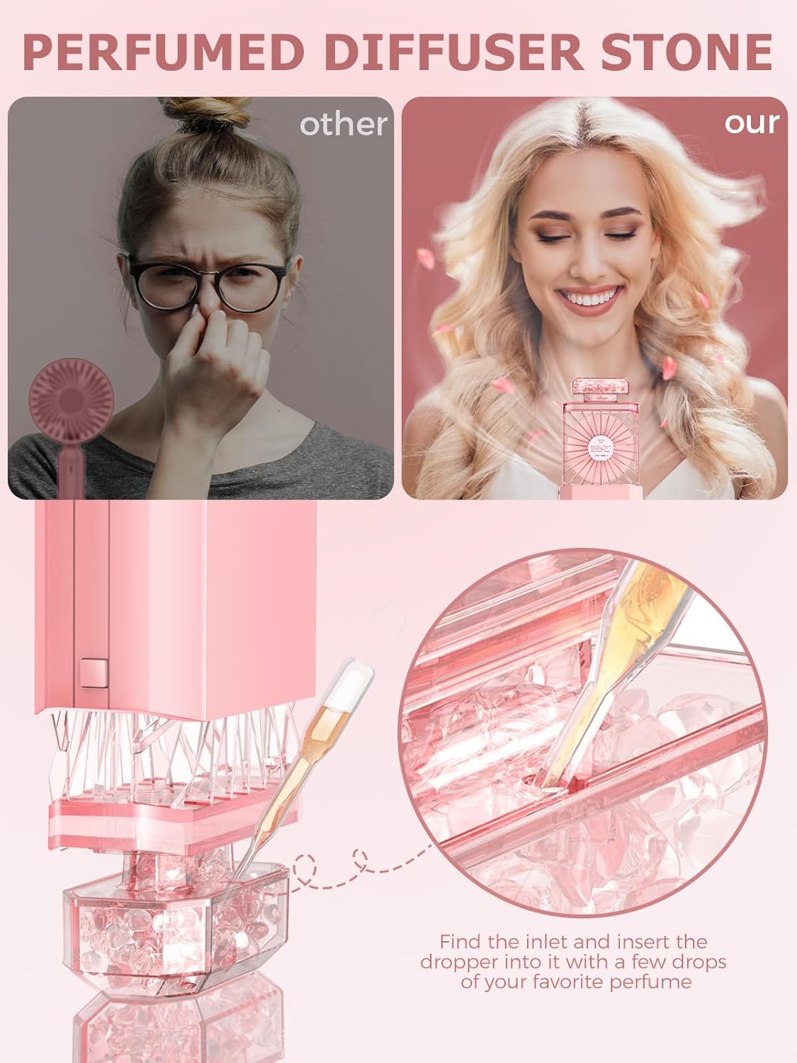 Lady Handheld Fans, Rechargeable Small Personal Fan with 3 Speeds Setting, Powerful Quiet Pull-out Portable Fan, Cooling Electric Fan for Girls Woman Office School Working Home - Pink