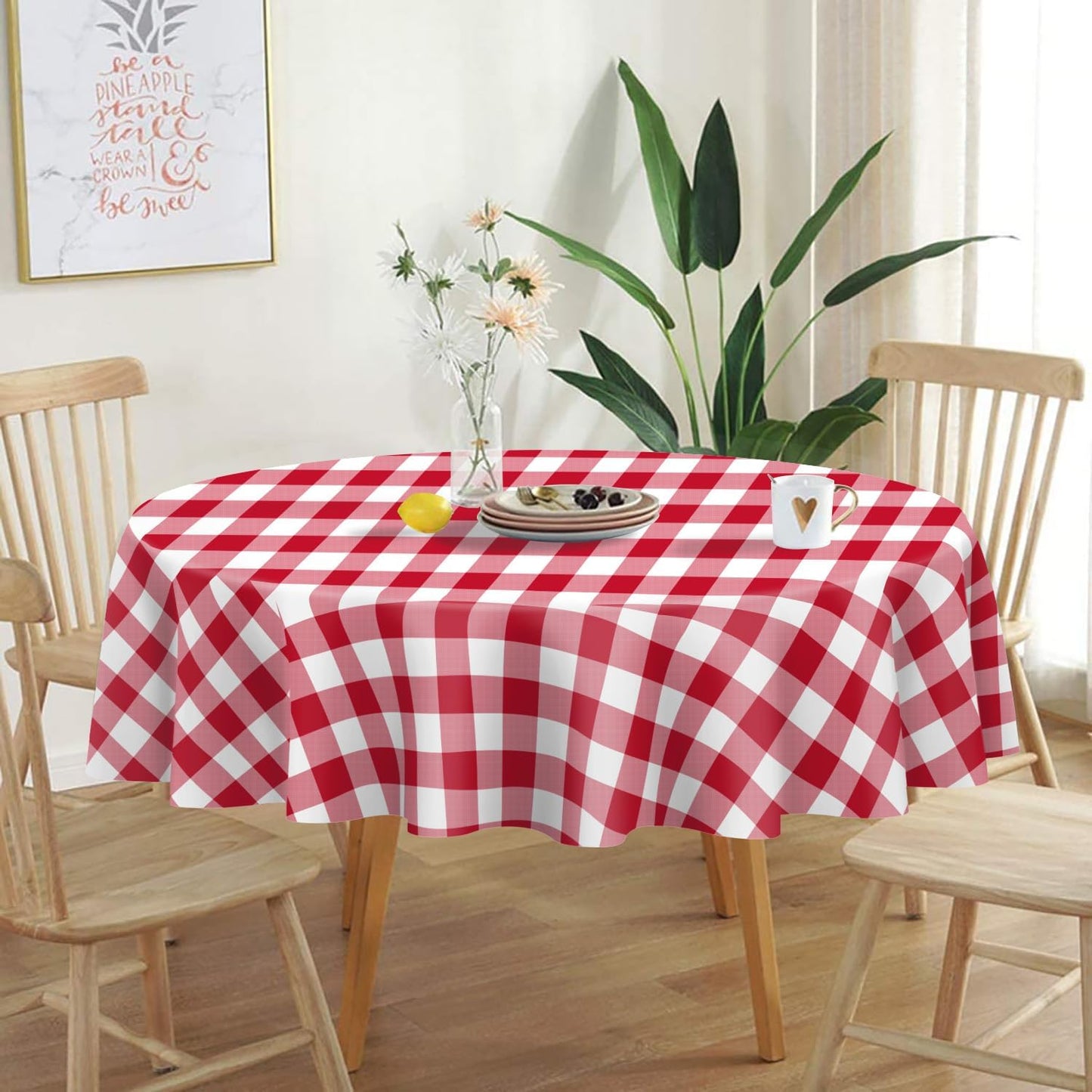 QIKSION Red Gingham Round Tablecloth 2 Pack, 84 Inch Plastic Checkered Table Cover Disposable for Parties