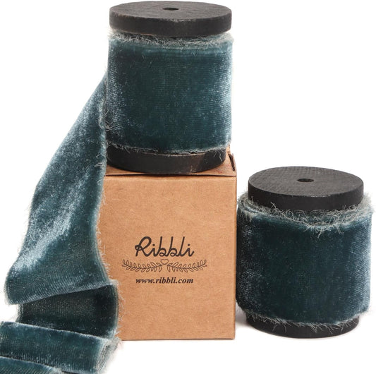 Ribbli Dusty Green Velvet Ribbon 1.5 Inch Handmade Frayed Vintage Steel Blue Christmas Ribbon for Gift Wrapping Christmas Tree Ornament Wreath Craft Home Decor -Total 3 Yards with Wooden Spool
