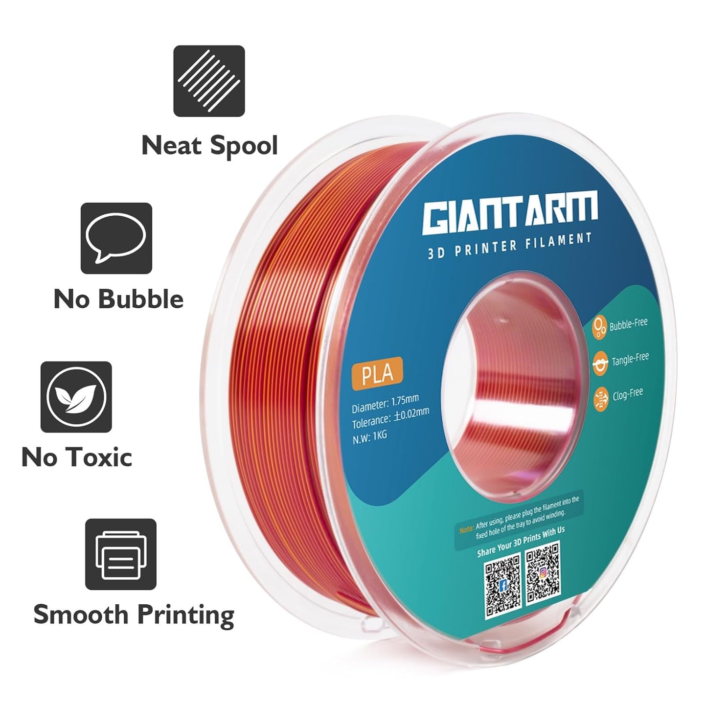 GIANTARM Dual Color PLA Filament, Silk PLA Filament 1.75mm +/-0.02mm,1KG Spool(2.2lbs) Vacuum Packaging, 3D Printing Filaments Fit Most FDM Printer