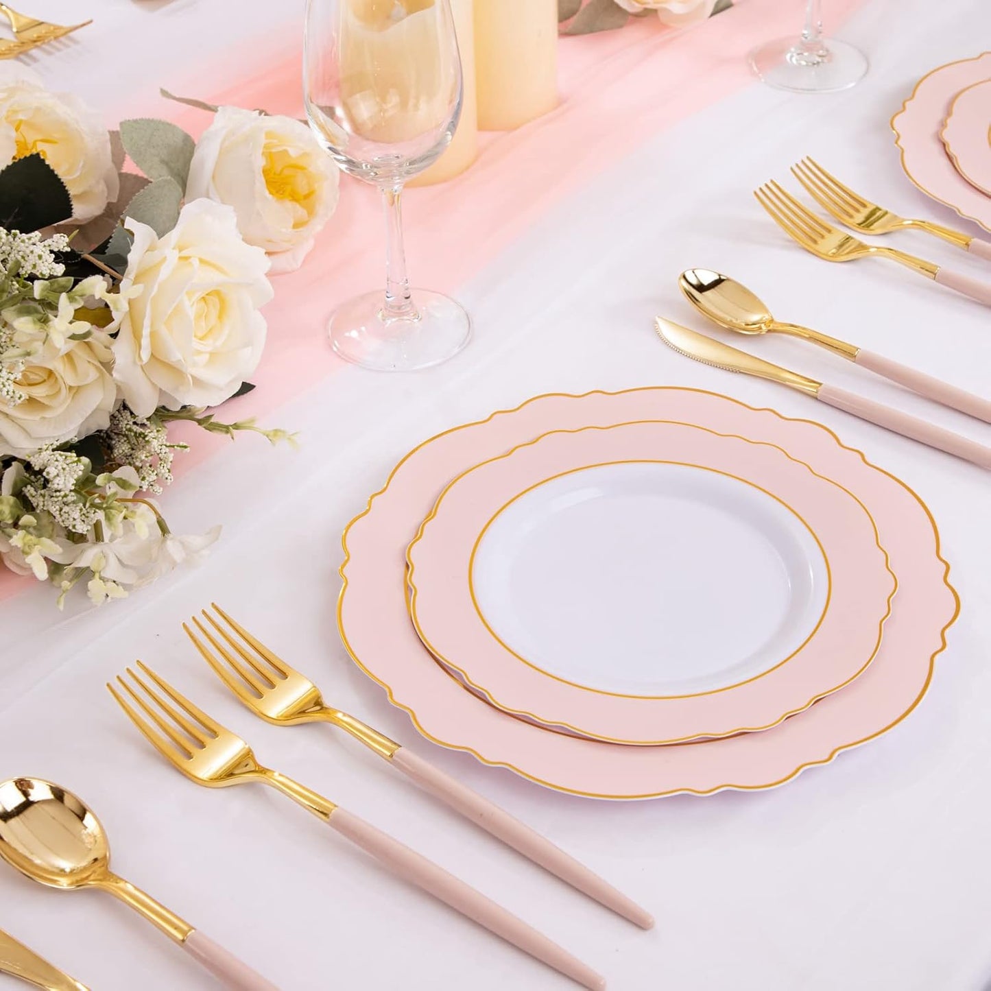 Rubtlamp 90Pcs Gold Plastic Silverware, Gold Plastic Utensils With Pink Handles Include 30 Plastic Gold Knives, 60 Plastic Forks and Spoons, Pink Plastic Silverware Heavy Duty For Party