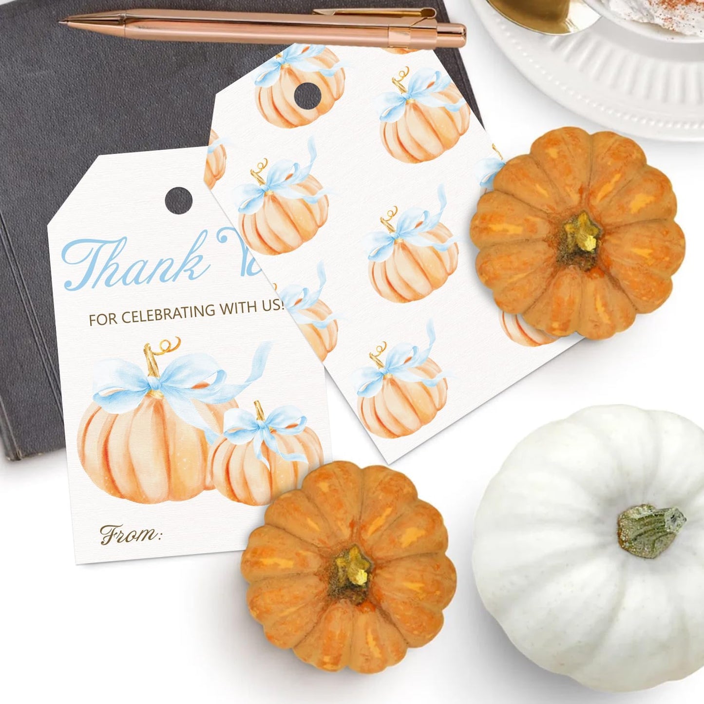 50pcs Little Pumpkin Thank You Tags, Pumpkin Bow Fall Theme Favor Tags for Boy Coquette Baby Shower and Birthday Party Gift Wrapping Decoration (Blue Bow)