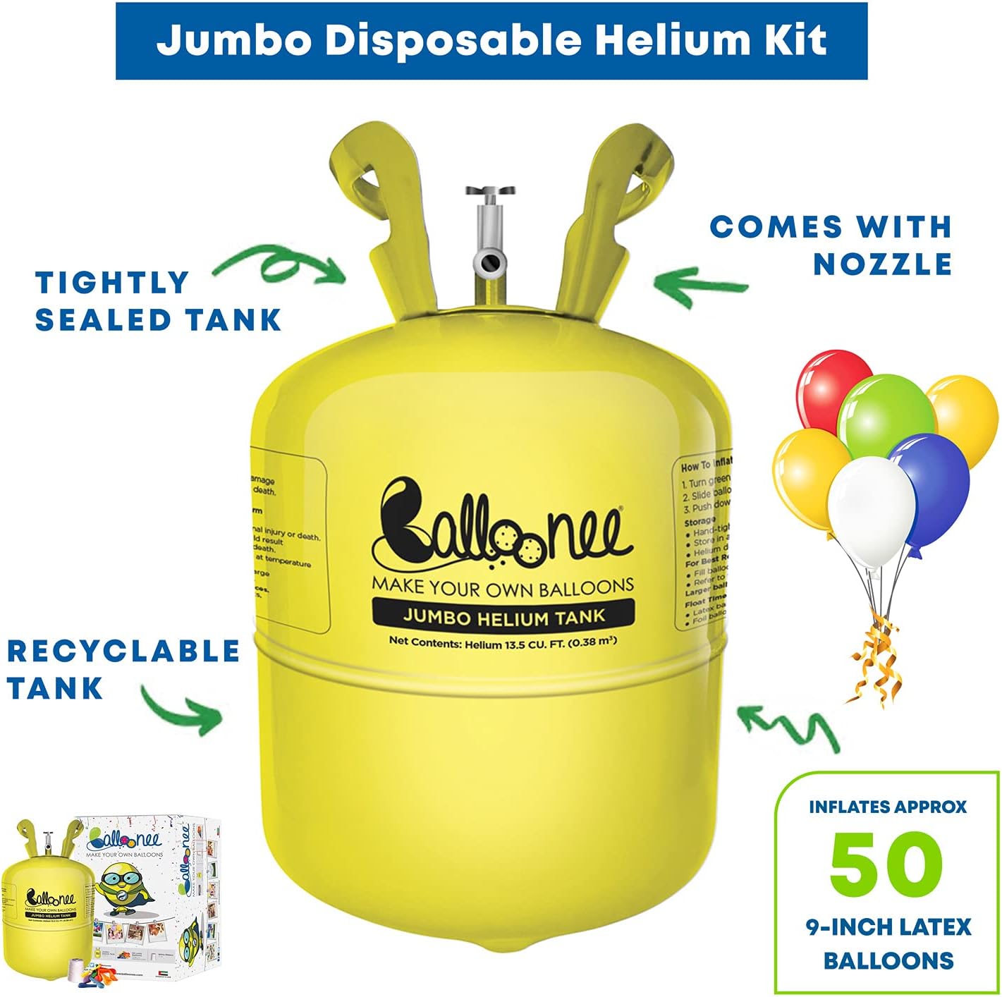 Jumbo Disposable Helium Party Kit - Pack of 2, Helium Tank for Balloons At Home, 13.5 Cu Ft Helium Balloon Pump Kit with 100 Assorted Latex Balloons, Portable for Celebrations