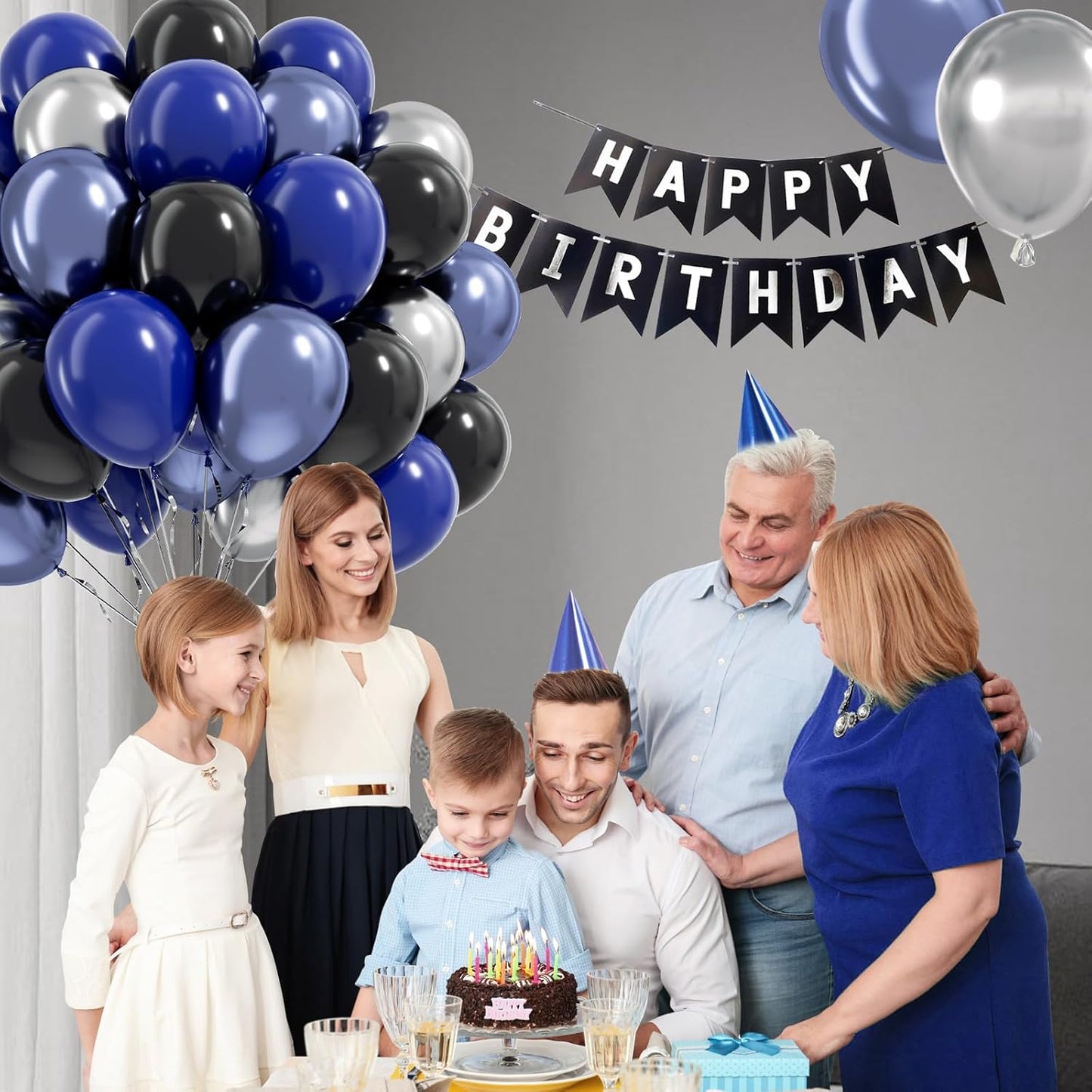 Blue and Black Balloons, 60pcs 12inch Blue Black Metallic Silver Balloons for Graduation New Year Birthday Party Decorations