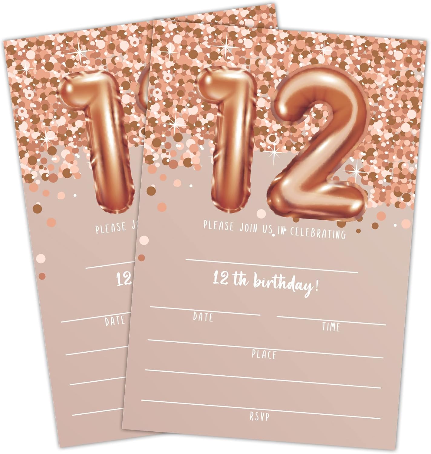 12th Birthday Invitation Cards, Rose Gold Glitter 12th Birthday Party Invites, Kids Happy Birthday Party Decorations Supplies, 20 Fill-in Cards with Envelopes for Boys or Girls Party Celebration - C04