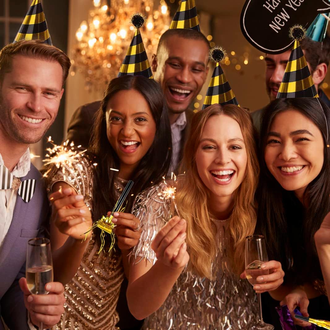 34 Pcs Birthday Party Hats - Gold Cone Hats Including 12 Paper Hats and 22 Noise Makers