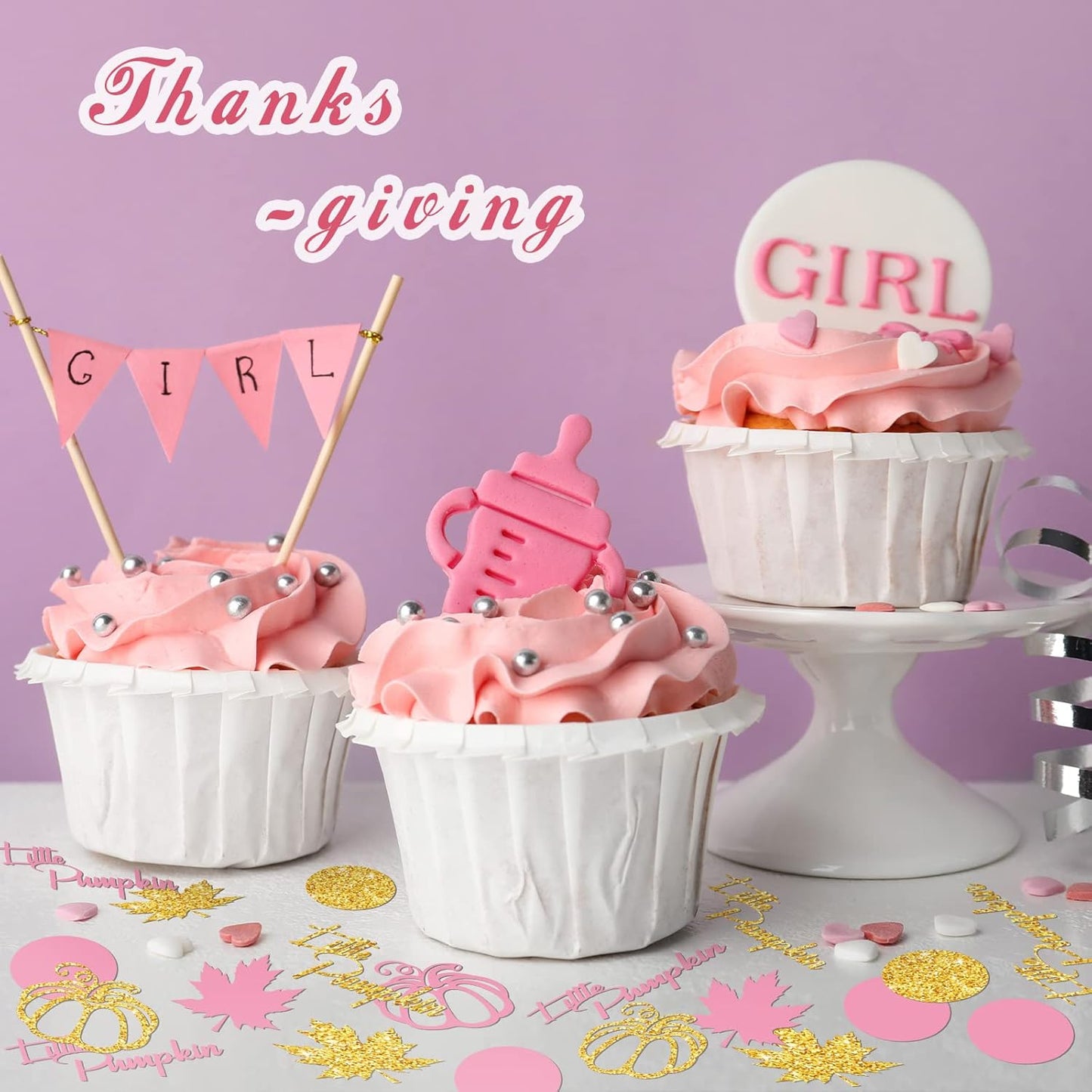 Ferraycle 400 Pcs Thanksgiving Pink and Gold Pumpkin Confetti Christmas Baby Shower Maple Leaf Confetti Glitter Thanksgiving Pumpkin Decorations Table Decorations for Birthday Party Supplies