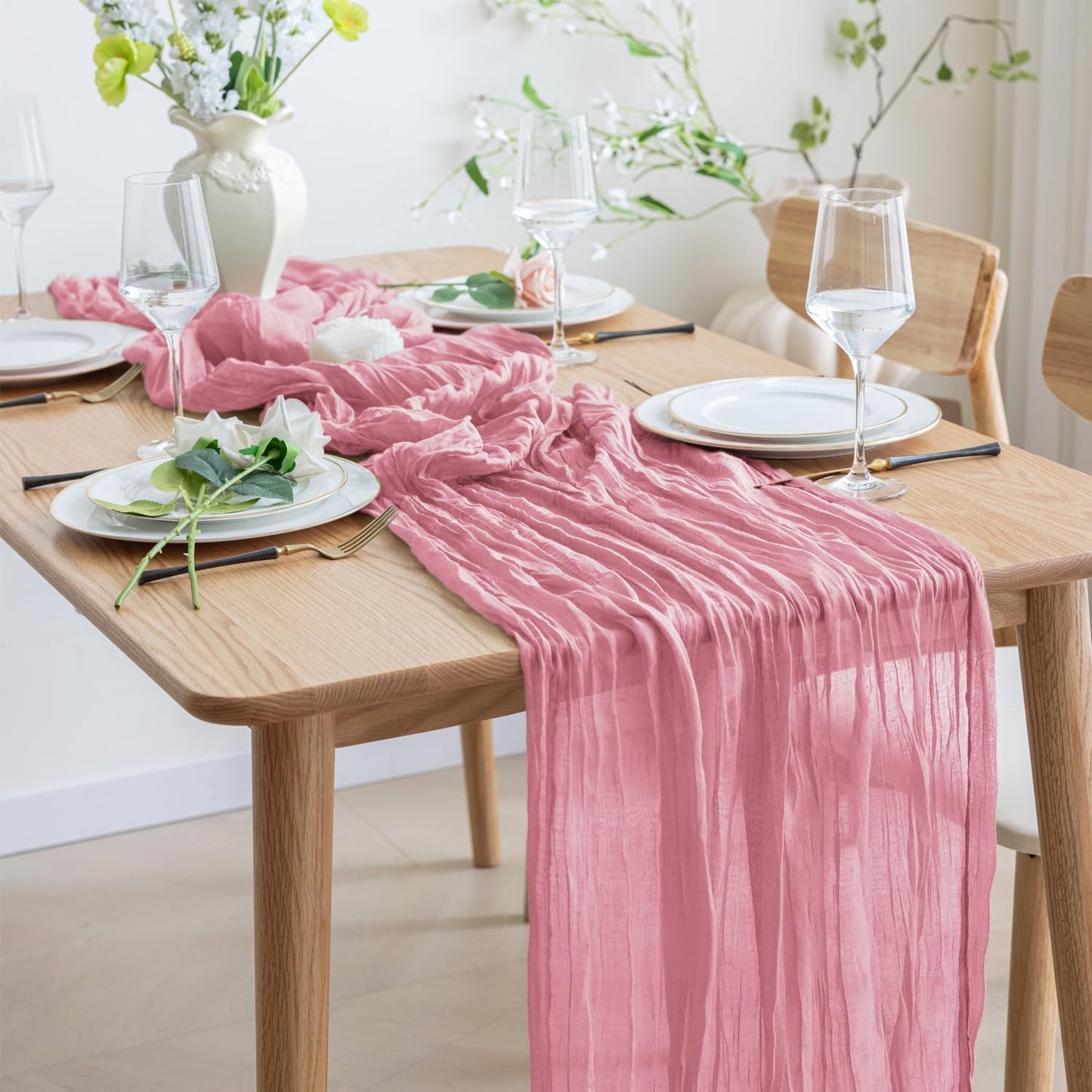 Asee'm 4pcs Cheesecloth Table Runner 120 Inches Long Pink Boho Gauze Cheese Cloth Runner 10FT Rustic Sheer Table Runners for Christmas Wedding Party Baby Shower Spring Easter Decoration