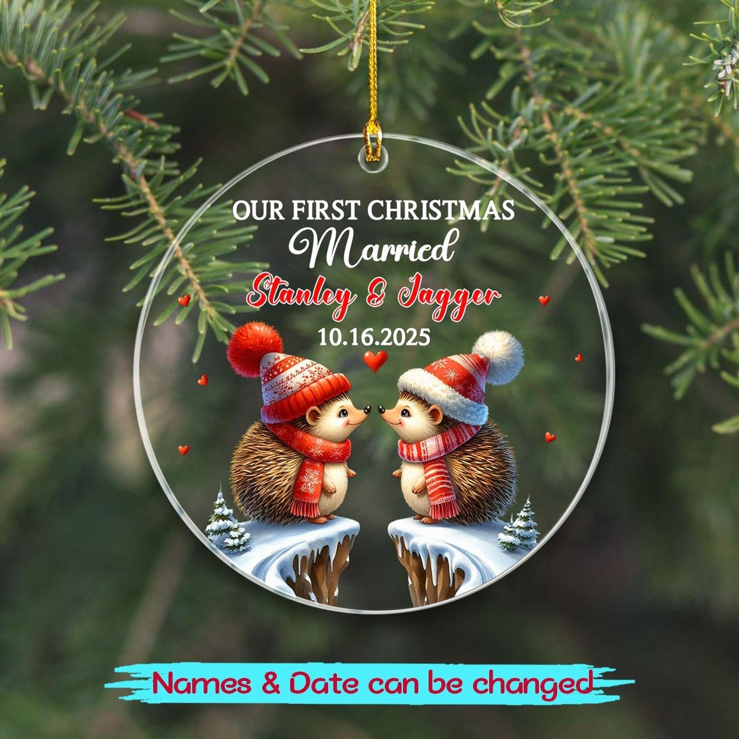Our First Christmas Married Ornament, Custom Date/Name Mr & Mrs Hedgehog Ornament Gift for Newlyweds Bride & Groom, Personalized Couple Hedgehog Married Christmas Ornaments for Wedding Anniversary