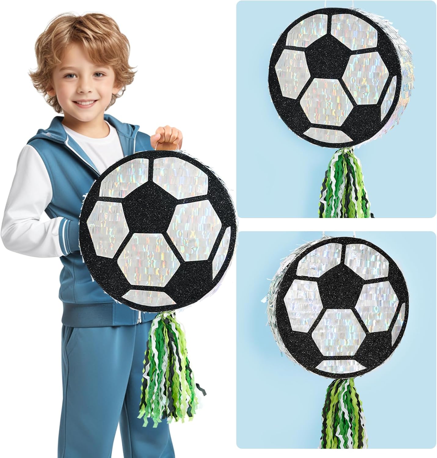 WERNNSAI Soccer Ball Piñata-Soccer Party decoration Piñata with Blindfold Bat for Kids Sports Themed Birthday Party Supplies Mirror Roller Skating Pull String