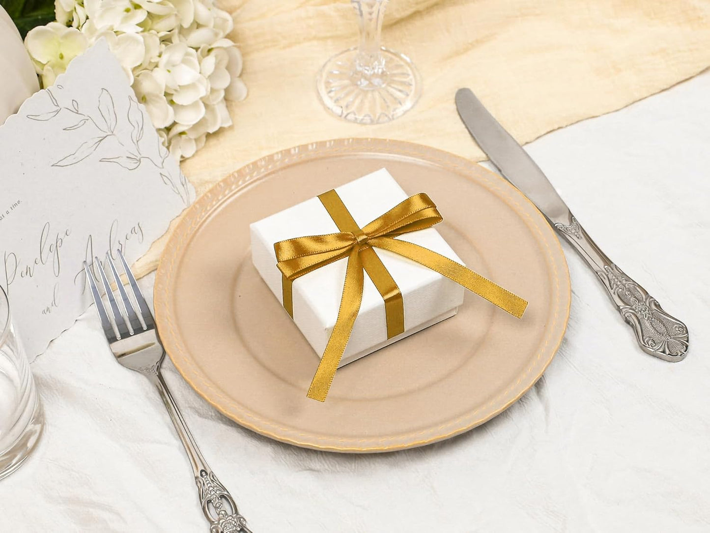 Gold Satin Ribbon 3/8 inch X Continuous 50 Yards, Single Face Polyester Ribbon Perfect for Gift Wrapping, Flower Bouquet, Wedding Decor, Crafts, Bow Making, Sewing and More