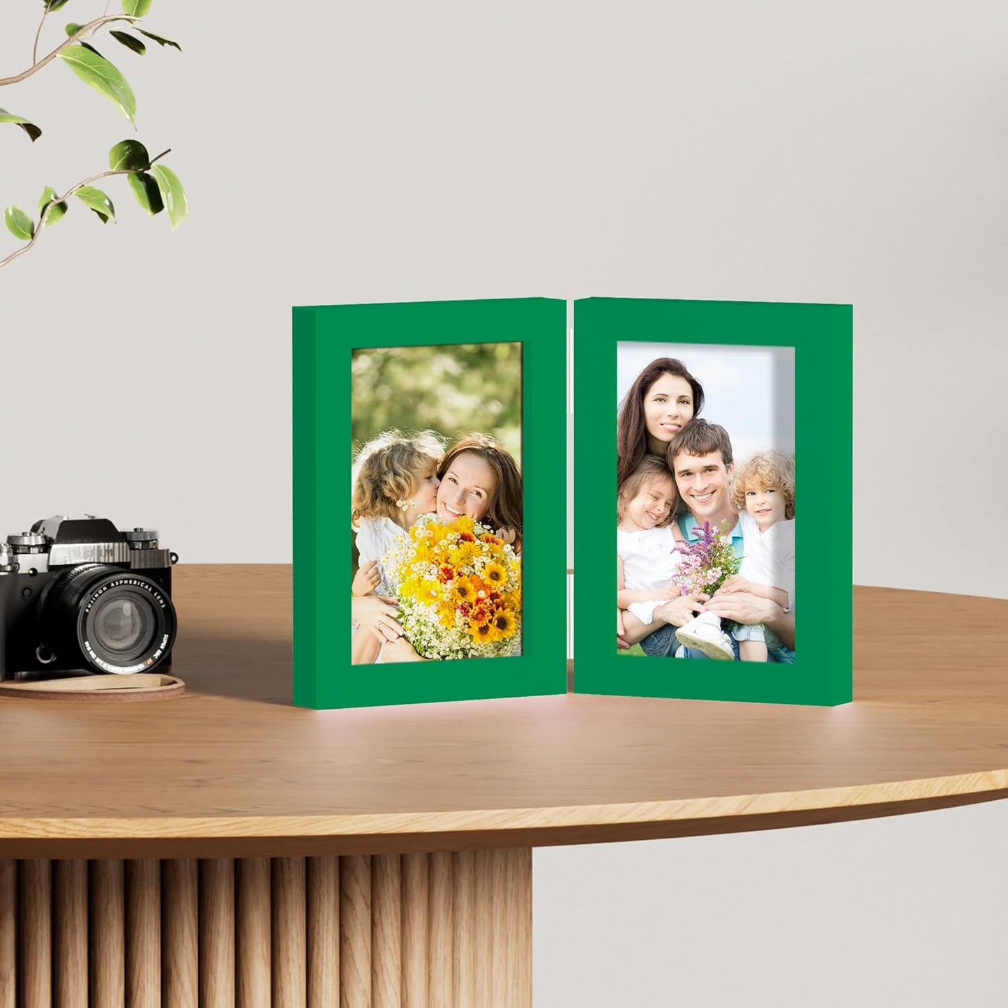 decorUhome Double 4x6 Picture Frame Vertical, Engineered Wood Bifold Photo Frame with Plexiglass for Tabletop Display, 4x6, Green