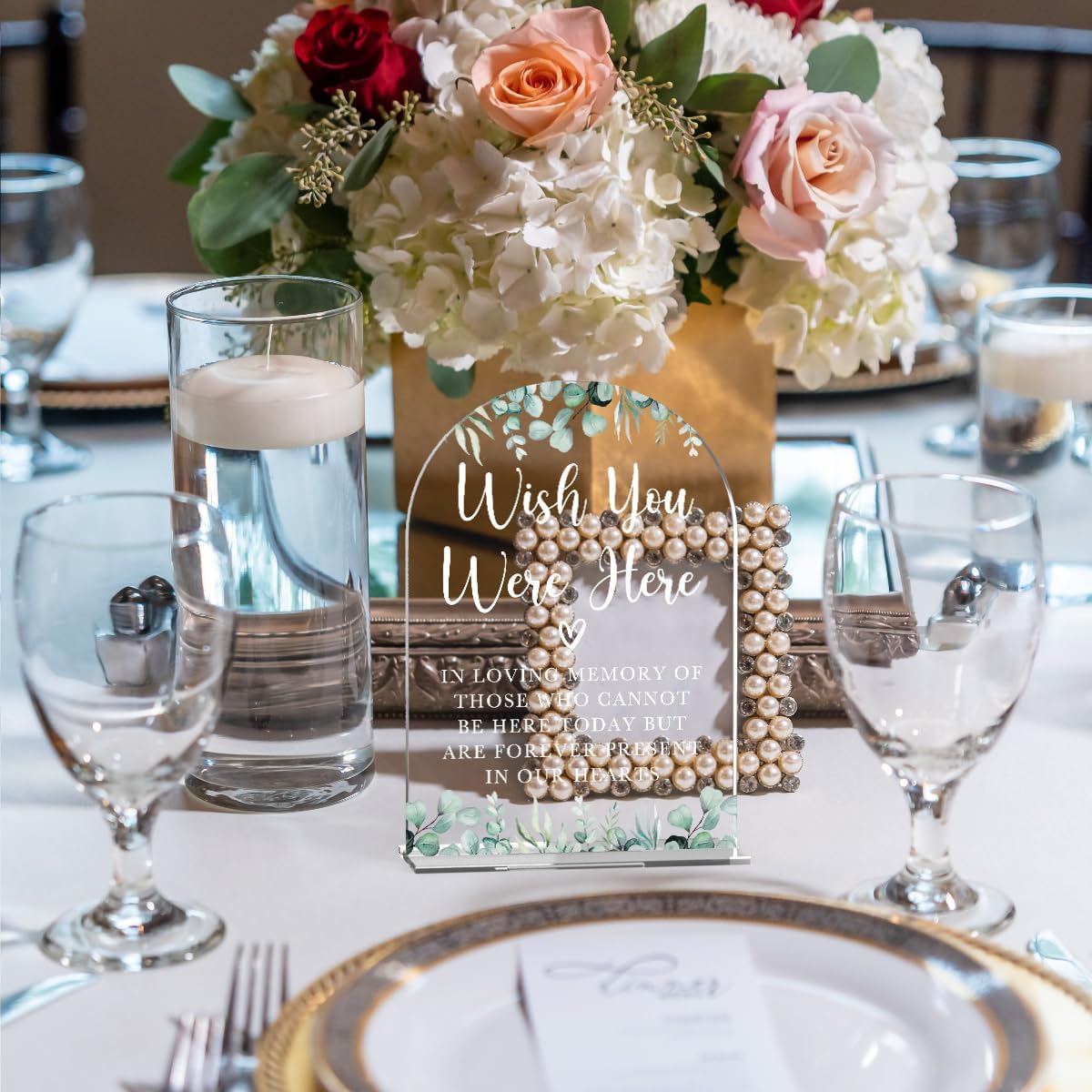 Acrylic Wedding Sign Wish You Were Here Signs for Ceremony Modern Calligraphy Arch Acrylic Table Top Signs for Wedding Reception and Event Party Table Decor (Eucalyptus Leaves)