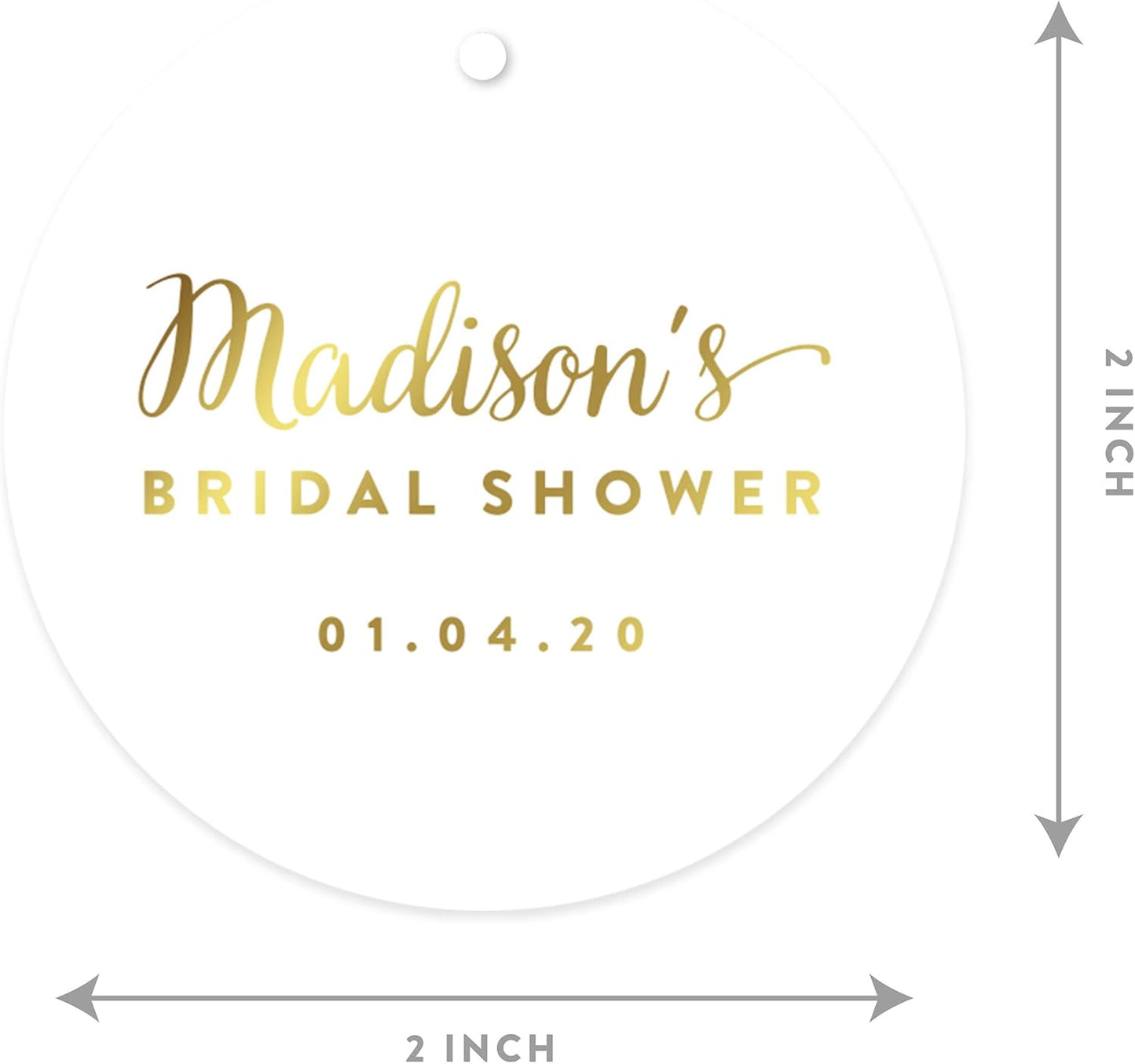Andaz Press Personalized Round Circle Wedding Gift Tags, Metallic Gold Ink, Bridal Shower, 24-Pack, Custom Made Any Name