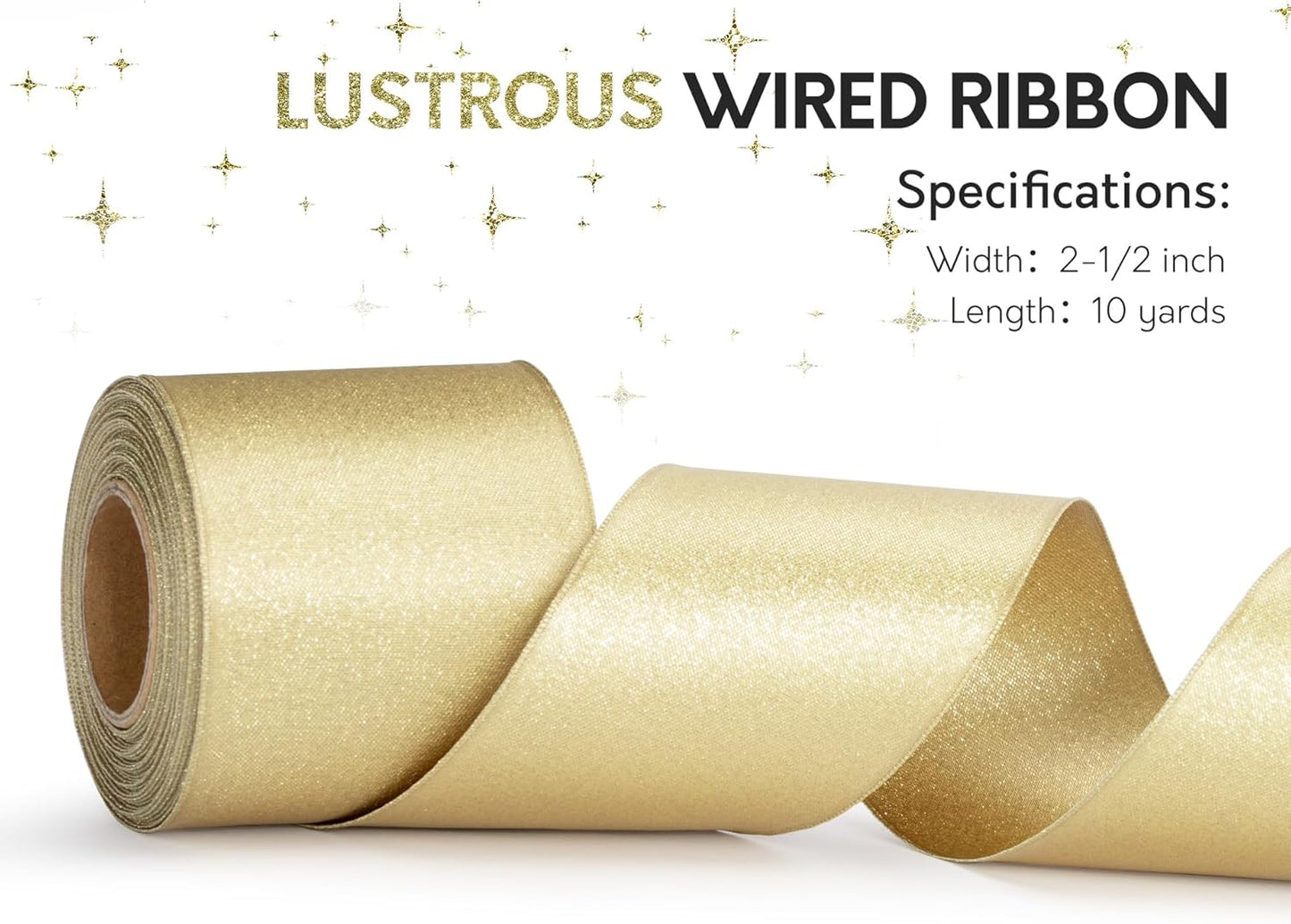 Gold Satin Wired Ribbon 2-1/2 Inch Double-Faced Glitter Ribbons for Wreath, Christmas Tree Decoration, Gift Wrapping, Home Decor 10 Yards