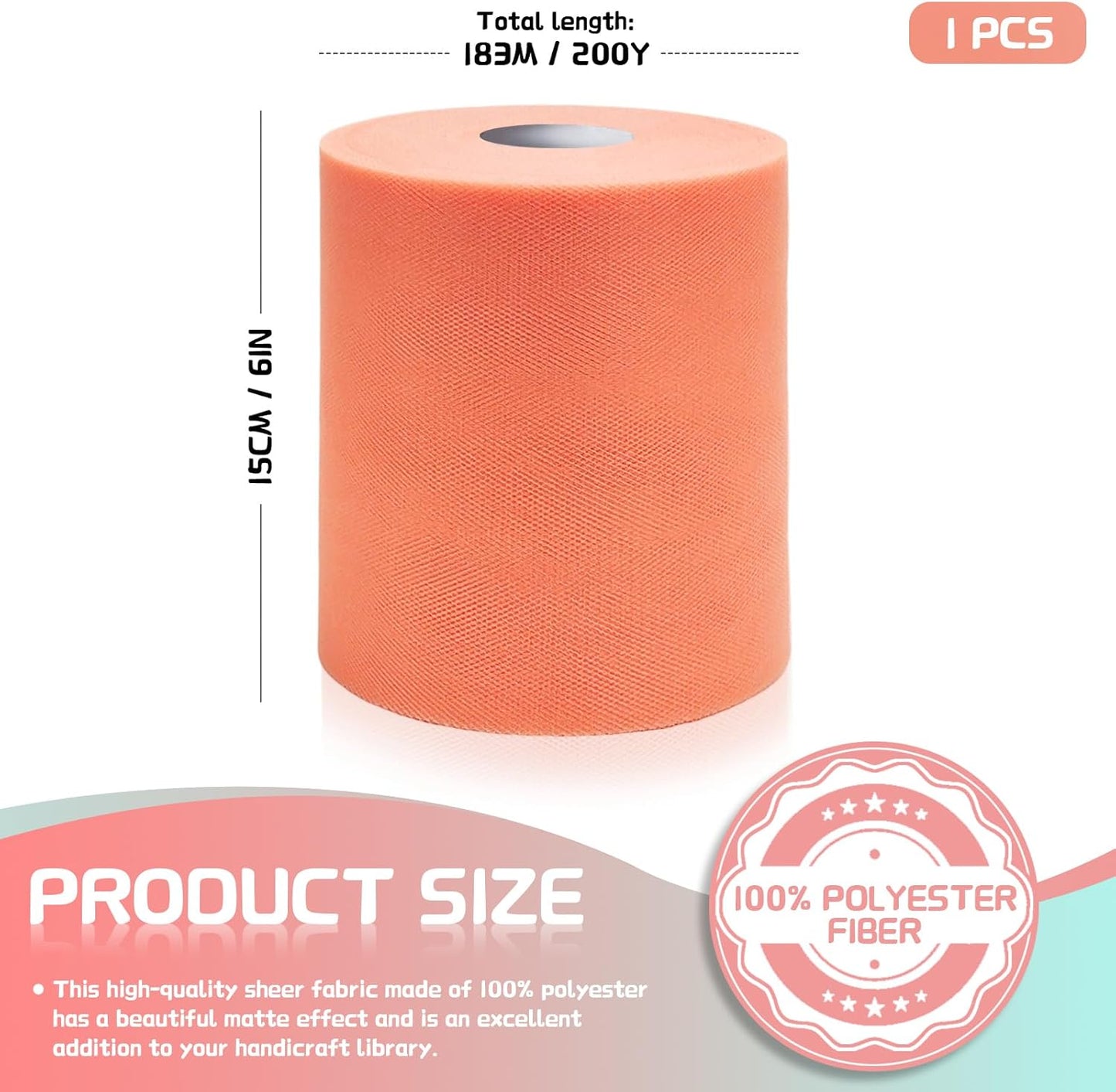 6" x 200 Yards Peach Tulle Fabric Rolls, Peach Spool Tulle Ribbon for DIY Tutu Skirt Wedding Decoration Baby Shower Birthday Party Backdrop Christmas Gift Wrapping Bow Craft Supplies