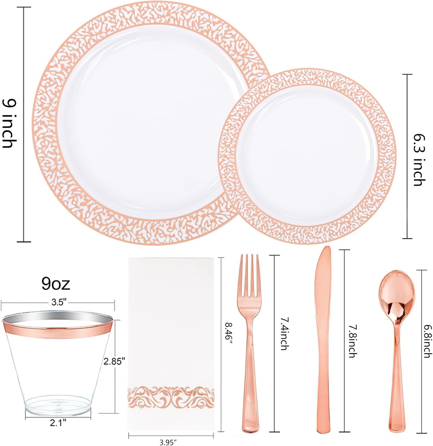 Festiva 350PCS Rose Gold Plastic Dinnerware Set - Disposable Lace Rose Gold Plates and Napkins Party Supplies - include plates,napkins,cups,silverware - Serve for 50 Guests Party&Wedding&Mother's Day