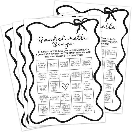 DEEKA 30 PCS Bridal Shower Games Card for 30 Guests Black Wavy Border Ribbon Bow Funny Wedding Bachelorette Party Games for Reception (Bachelorette Bingo)