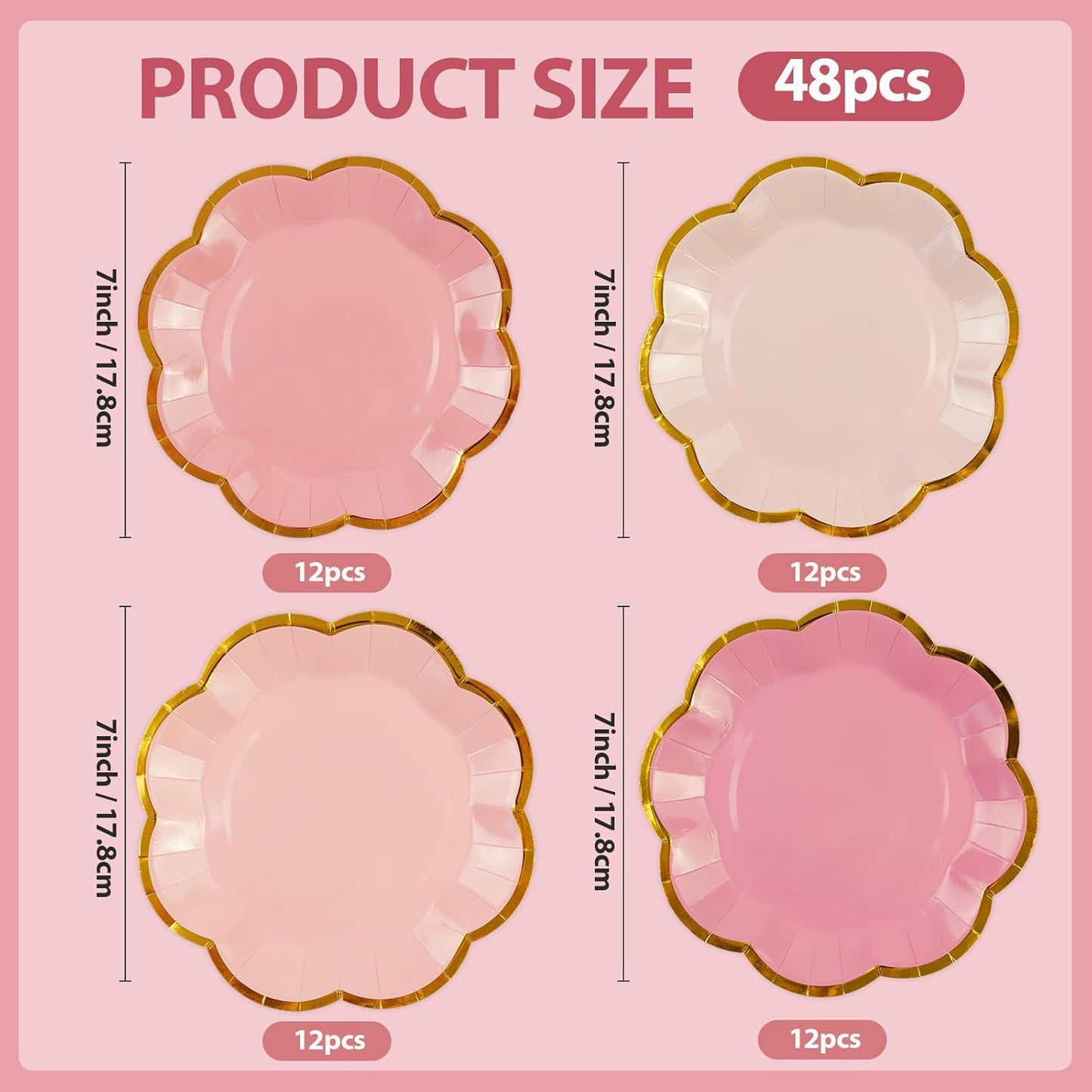 48Pcs Light Pink Scalloped Party Plates - 7inch Gold Foil Gradient Pink Dessert Paper Plate Disposable Cake Plates for Birthday Bridal Baby Shower Wedding Party Decorative Supplies