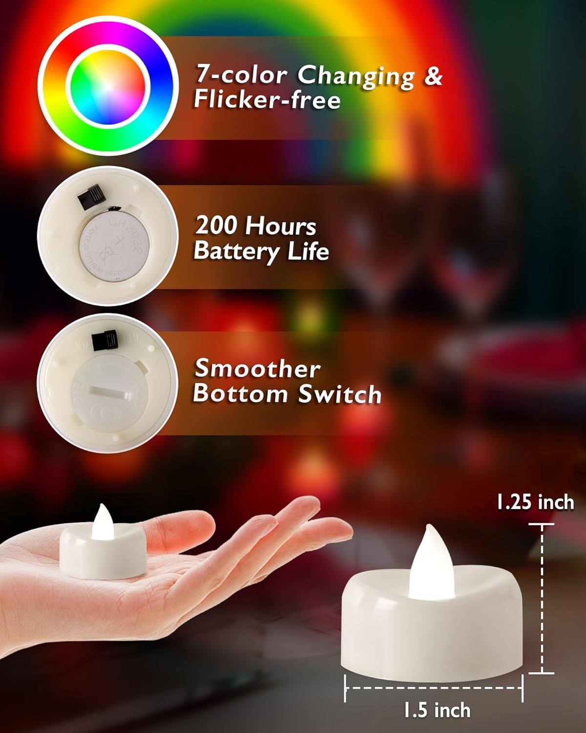 Raycare 7-Color Changing LED Tea Lights Battery Operated, 200+Hour Flickering Votive Candles, Realistic Fake Flameless TeaLights for Wedding Party Halloween Thanksgiving Christmas Decorations, 24 Pack