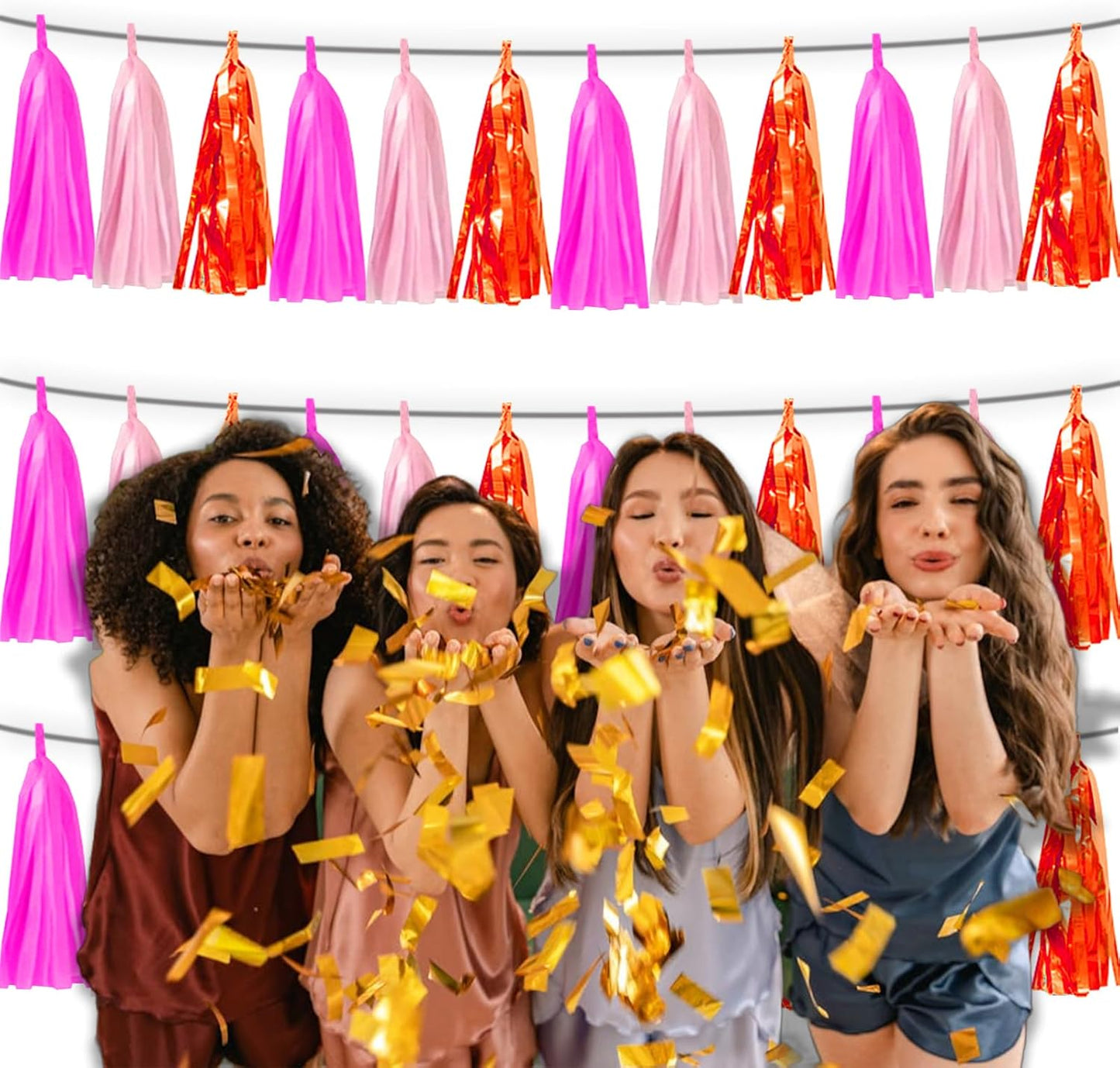 3P Hot Pink Orange LightPink Metallic Fringe Banner Garland Foil Tinsel Streamer Backdrop Banners for Parties, Wall Hanging Curtain Parade Floats,Graduation Decorations, Wedding Party Decoration