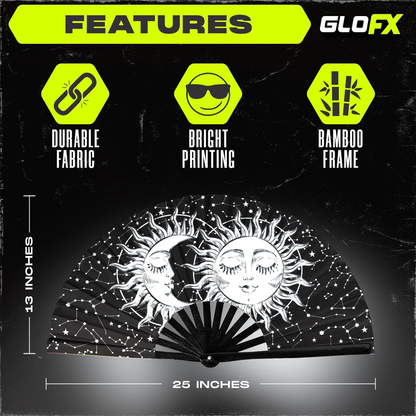 GloFX Rave Sun & Moon - Large Folding Fan - Music Festival Essential, EDM Rave Accessories, Folding Hand Fan, Clack Fan