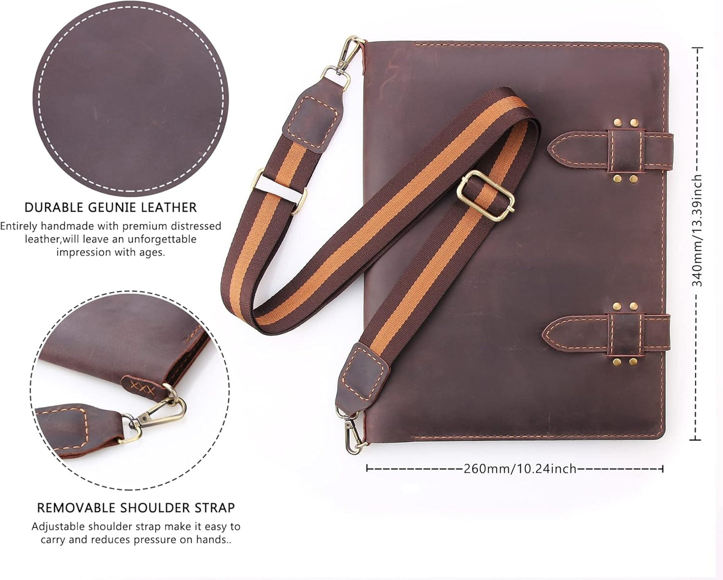 Robrasim Handmade Leather Sketchbook Cover, Artist Sketch Pad Holder for 9"X12" Top Spiral Bound Sketchbook, Drawing Book Pencil Case, Journal Portfolio with Shoulder Strap, Artist Gifts,Coffee