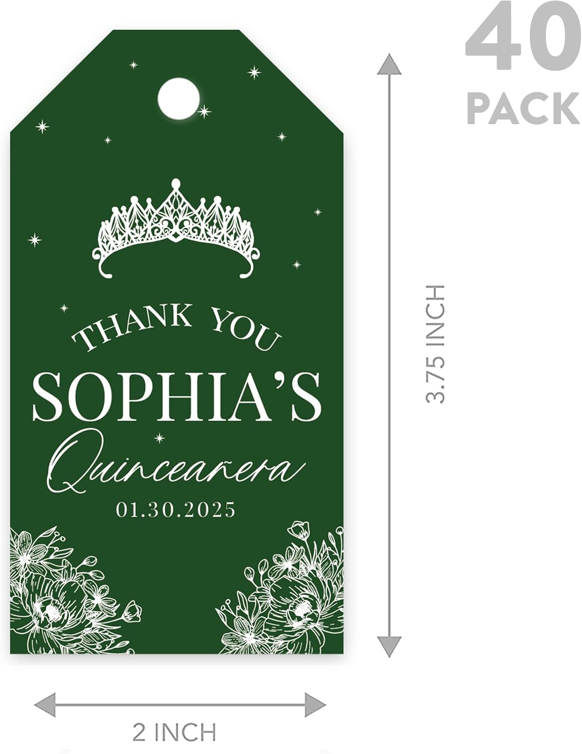 Andaz Press 40-Pack Personalized Quinceañera Favor Tags with String, Crown Floral Line Custom Classic Thank You Gift Tags for Quince Años XV 15th Birthday Favor Gifts Quinceanera Decorations