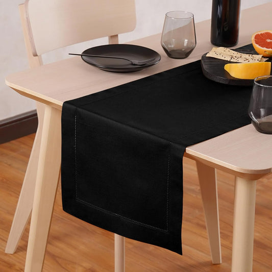 Black Table Runner 36 Inch – Cotton Linen Hemstitch Farmhouse Table Runner 14x36 – Washable Fabric for Fall, Halloween, Thanksgiving, Everyday Dining & Décor – Serena